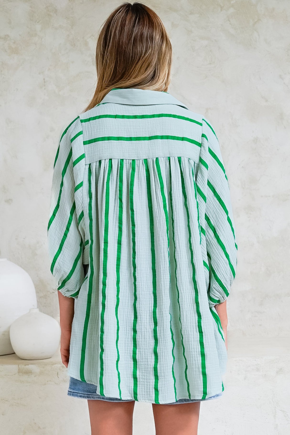 Samsara Shirt - Collared Oversized Button Down with Balloon Sleeves in Green Stripe