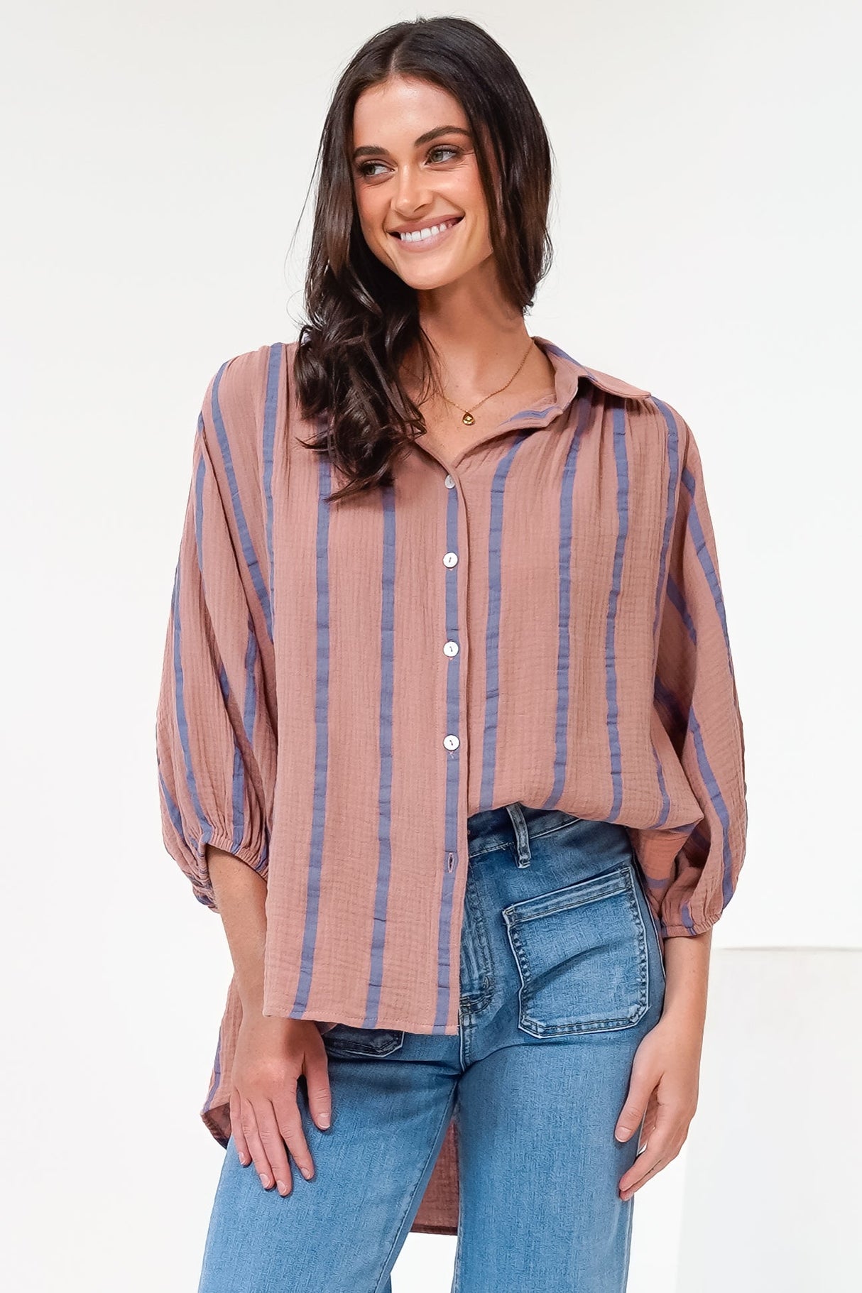 Samsara Shirt - Collared Oversized Button Down with Balloon Sleeves in Blush Stripe