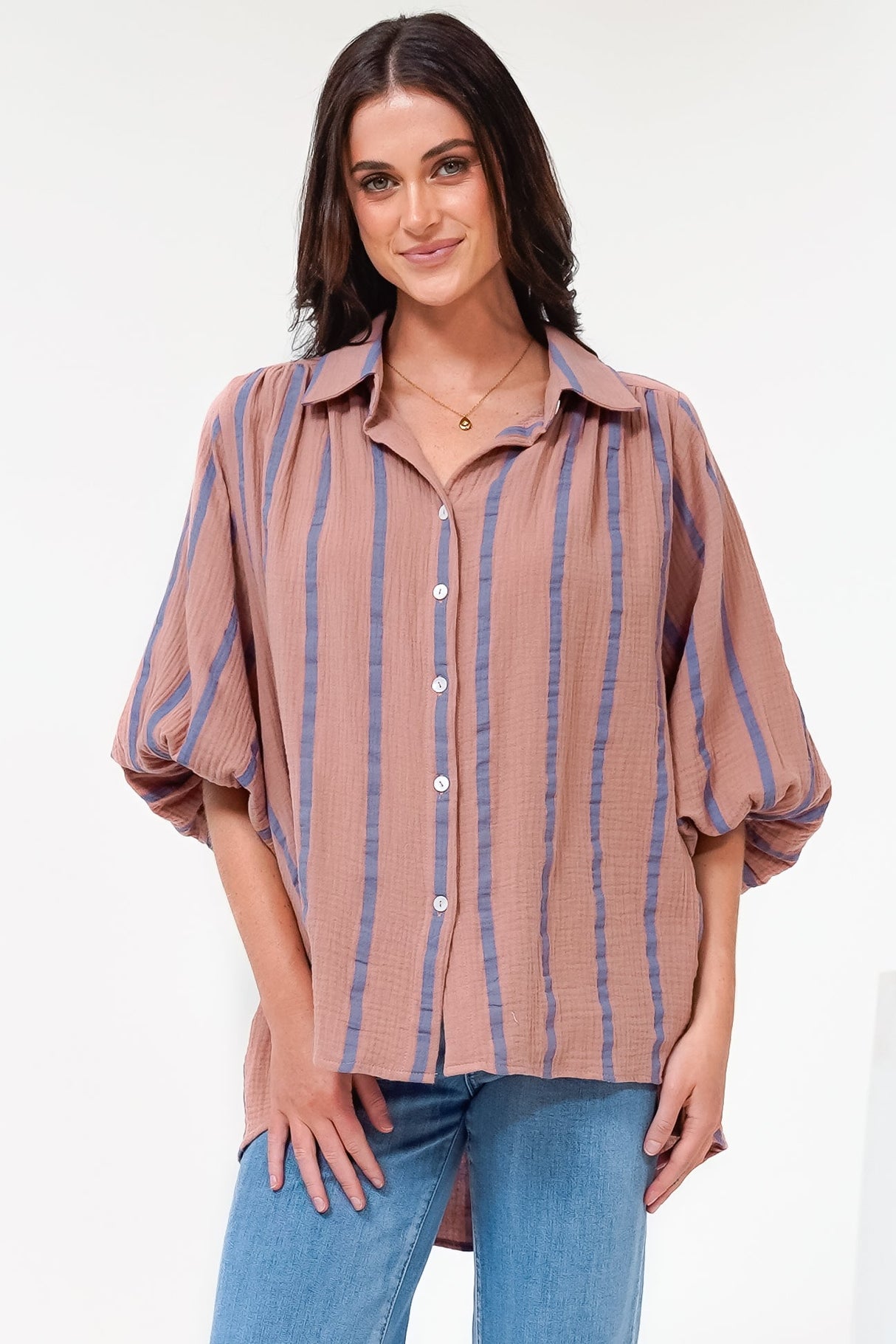 Samsara Shirt - Collared Oversized Button Down with Balloon Sleeves in Blush Stripe