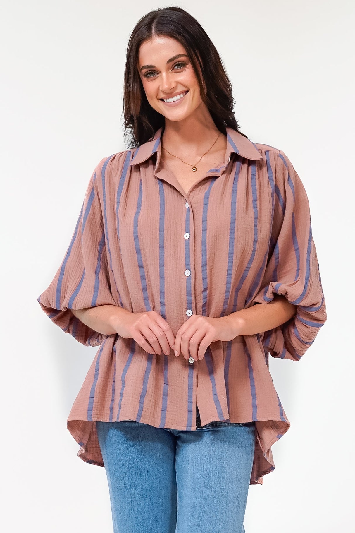 Samsara Shirt - Collared Oversized Button Down with Balloon Sleeves in Blush Stripe