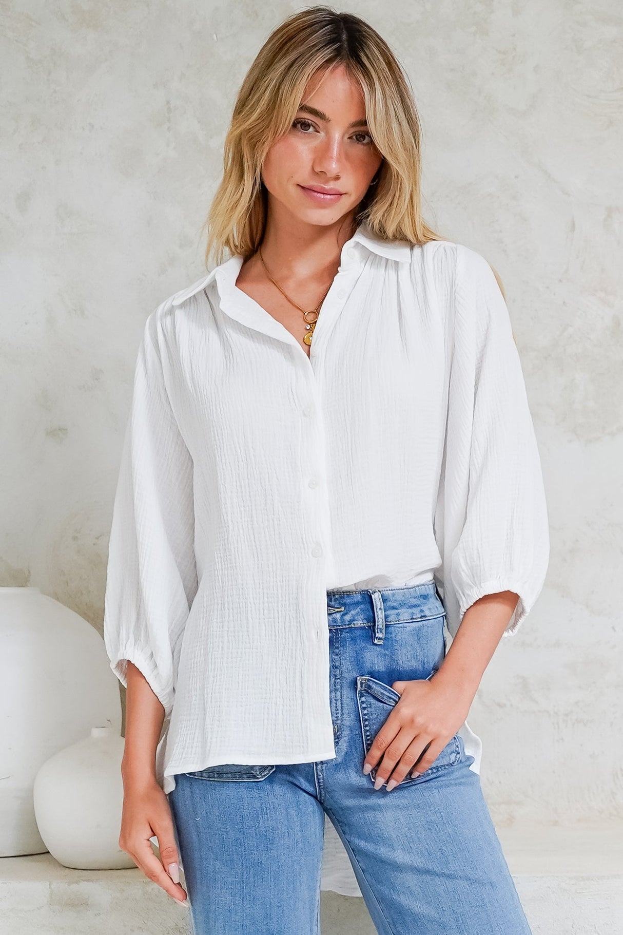 Samsara Shirt - Collared Oversized Button Down with Balloon Sleeves in White