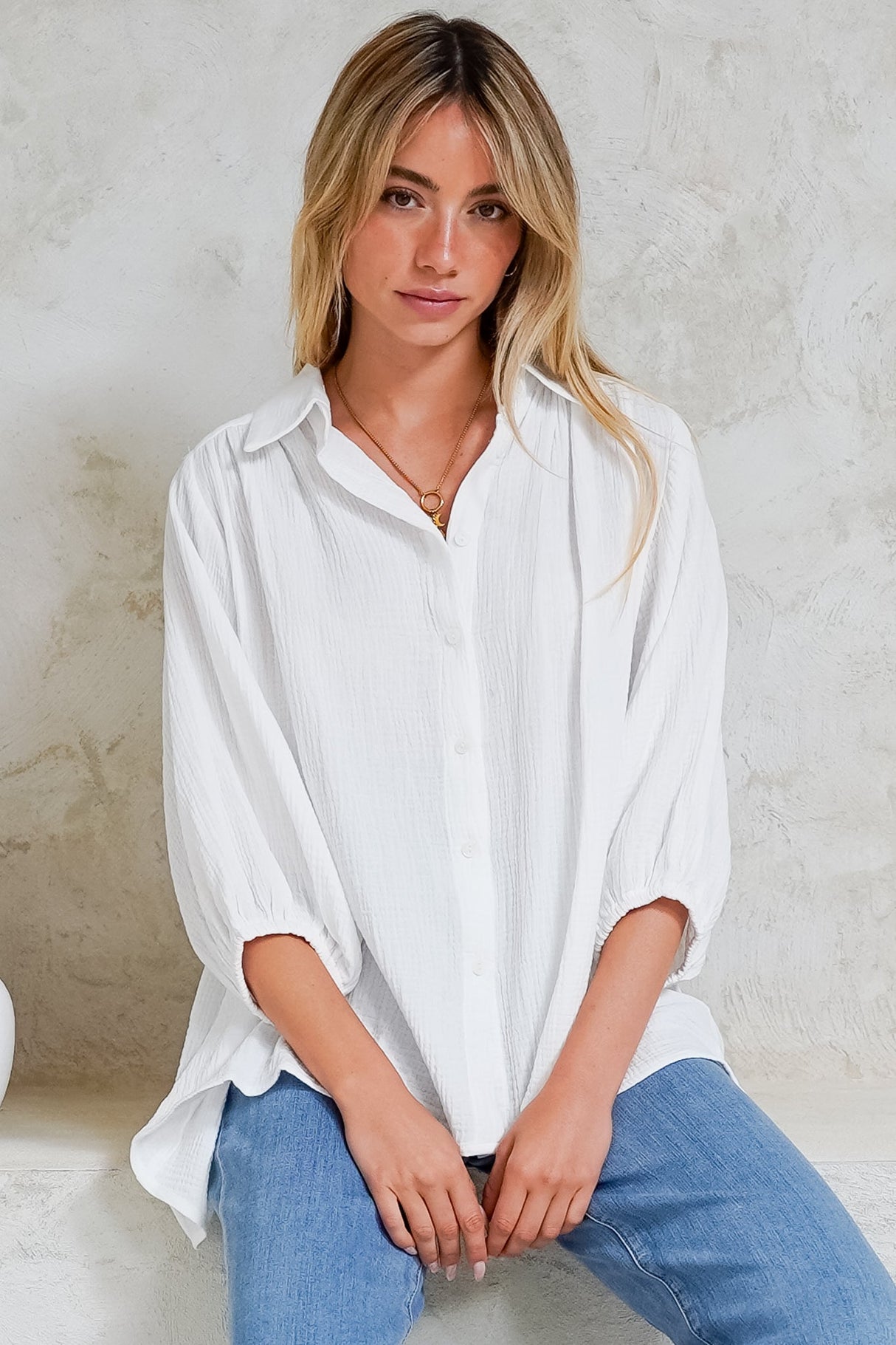 Samsara Shirt - Collared Oversized Button Down with Balloon Sleeves in White