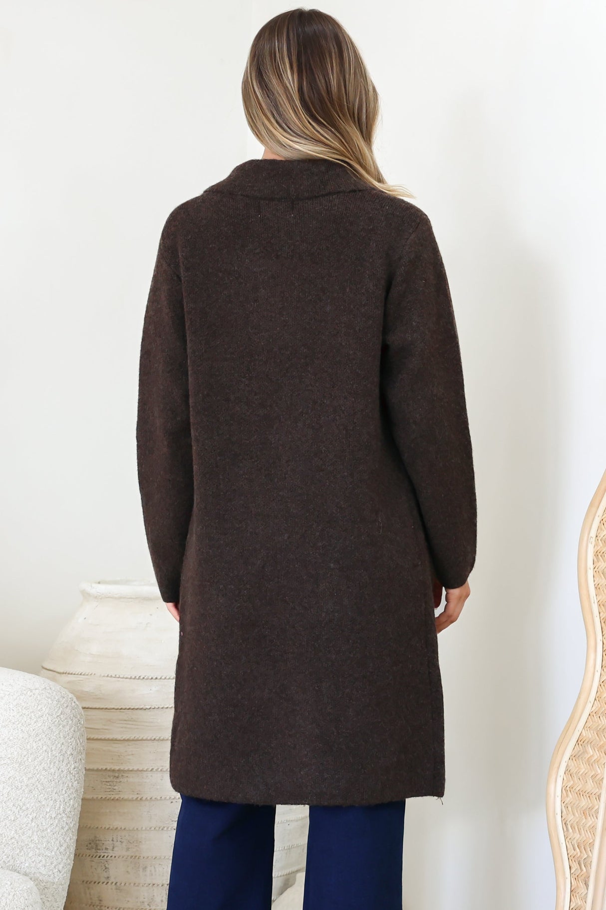 Samson Cardigan - Folded Lapel Collar Coatigan with Pockets in Chocolate