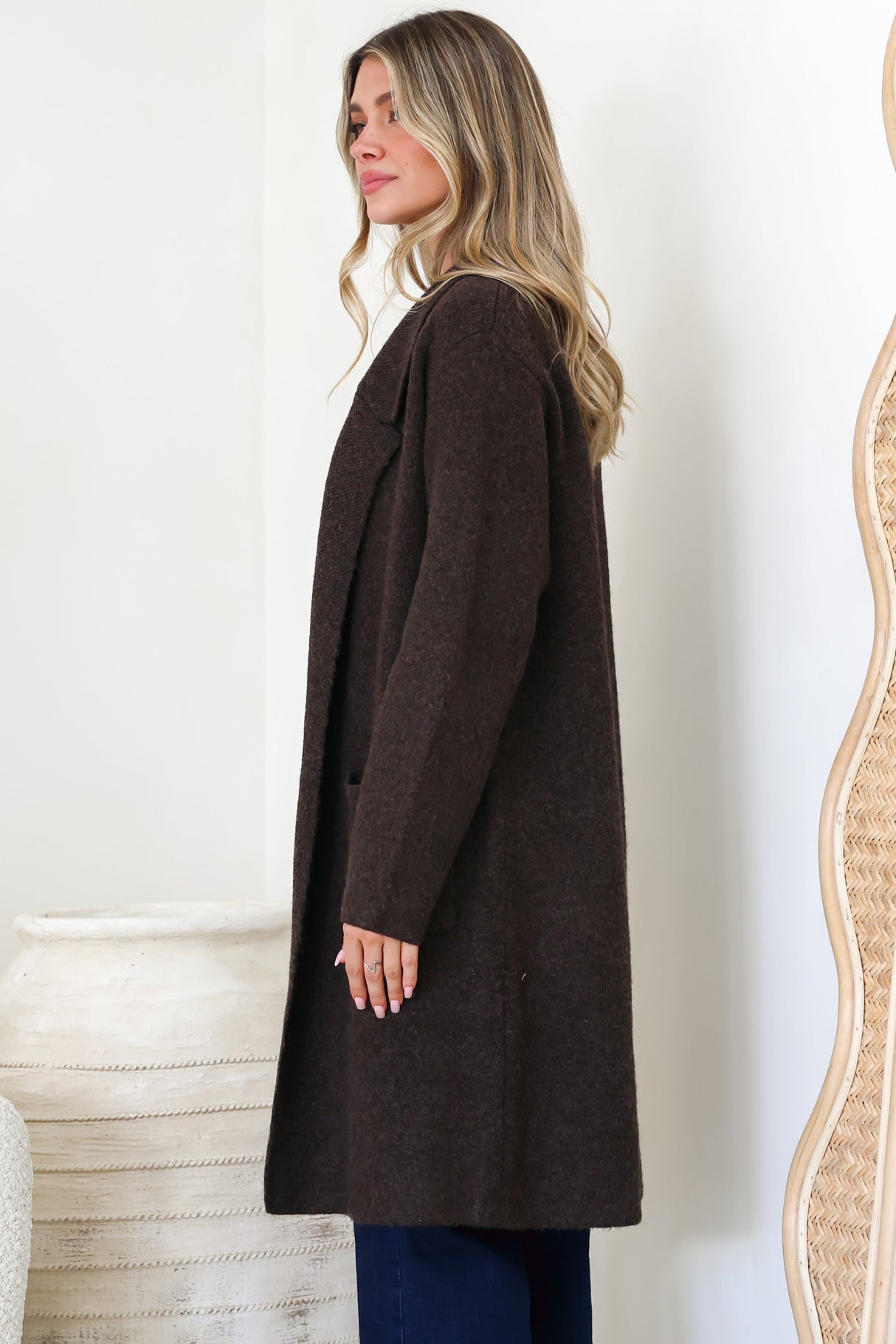 Samson Cardigan - Folded Lapel Collar Coatigan with Pockets in Chocolate