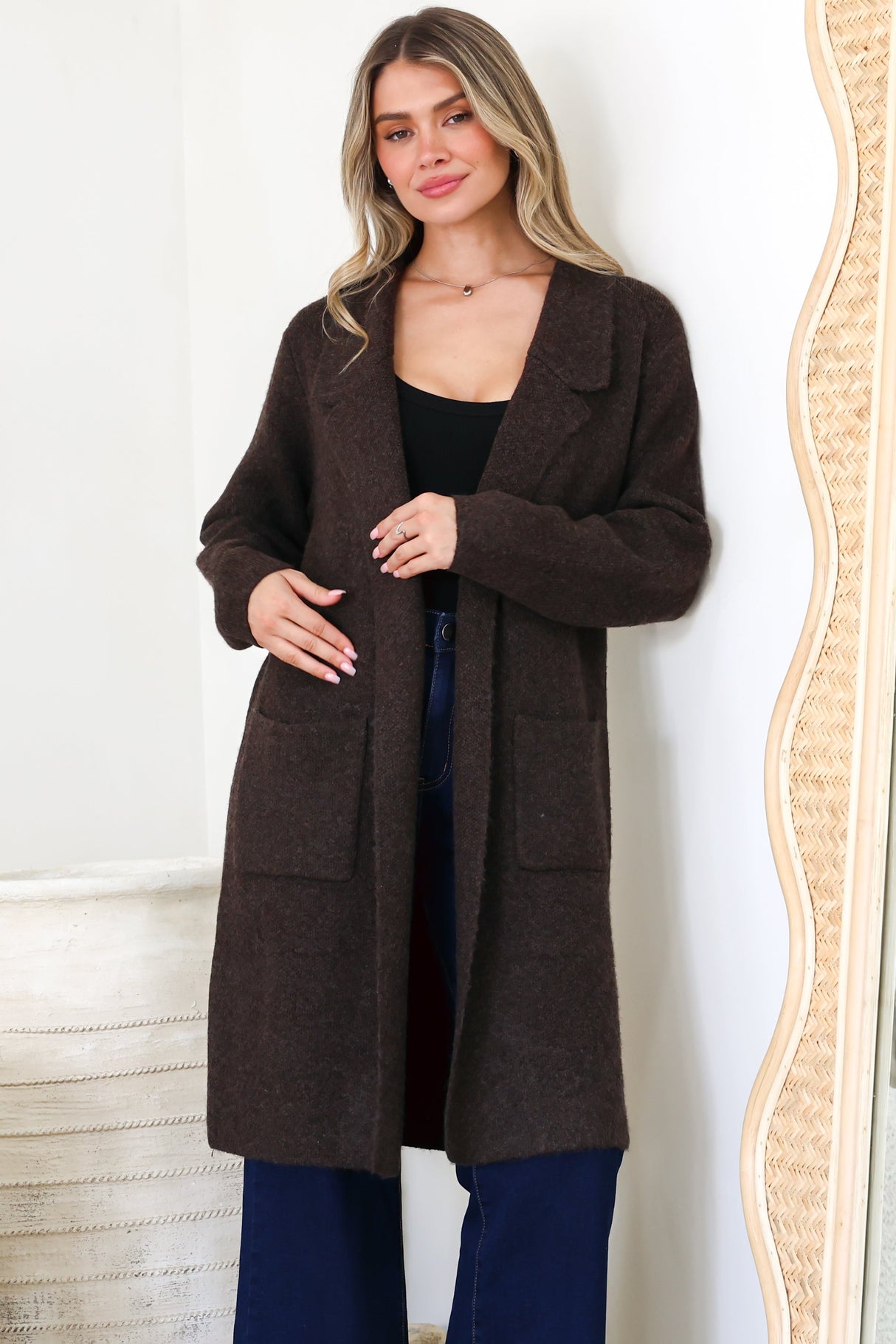 Samson Cardigan - Folded Lapel Collar Coatigan with Pockets in Chocolate