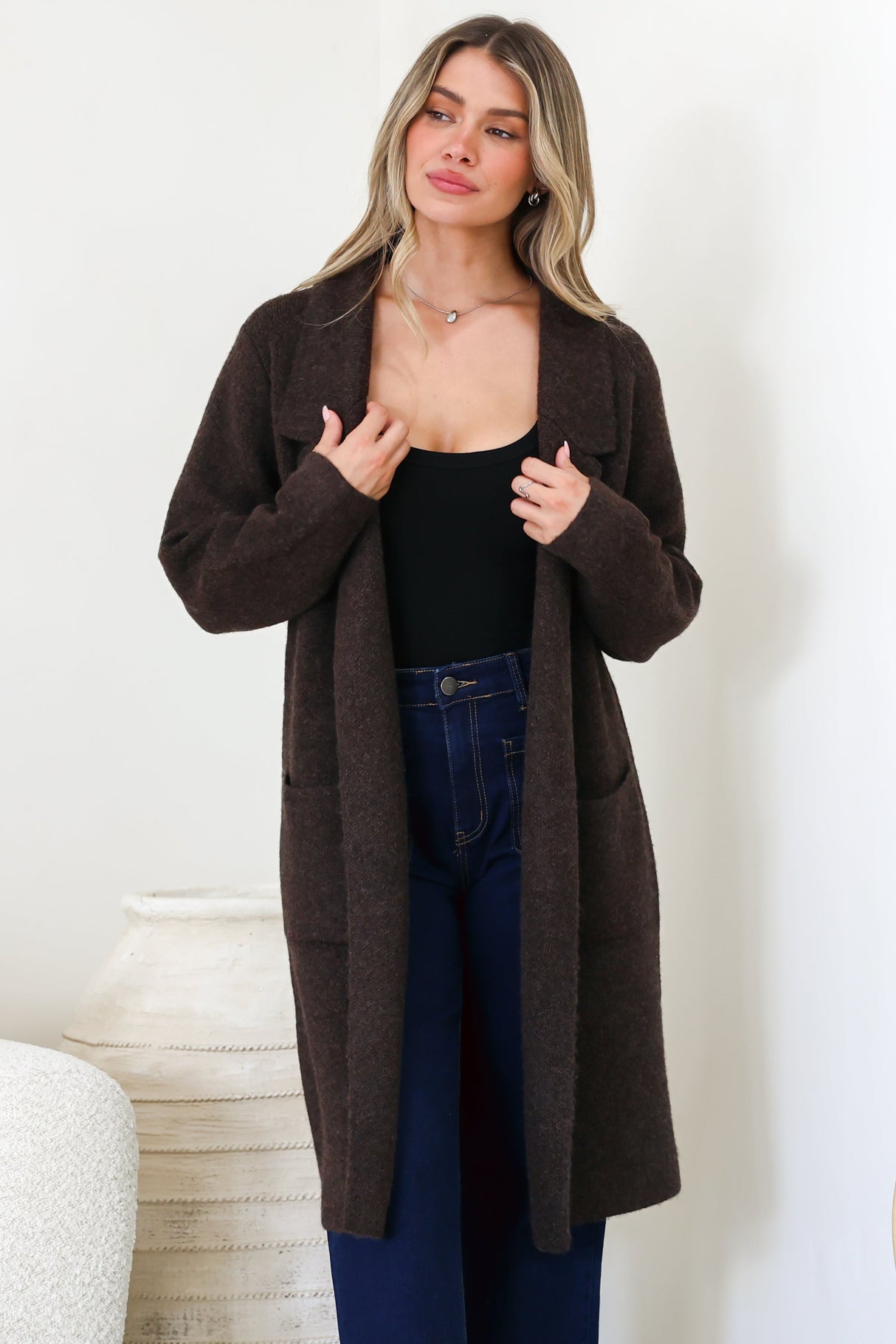 Samson Cardigan - Folded Lapel Collar Coatigan with Pockets in Chocolate