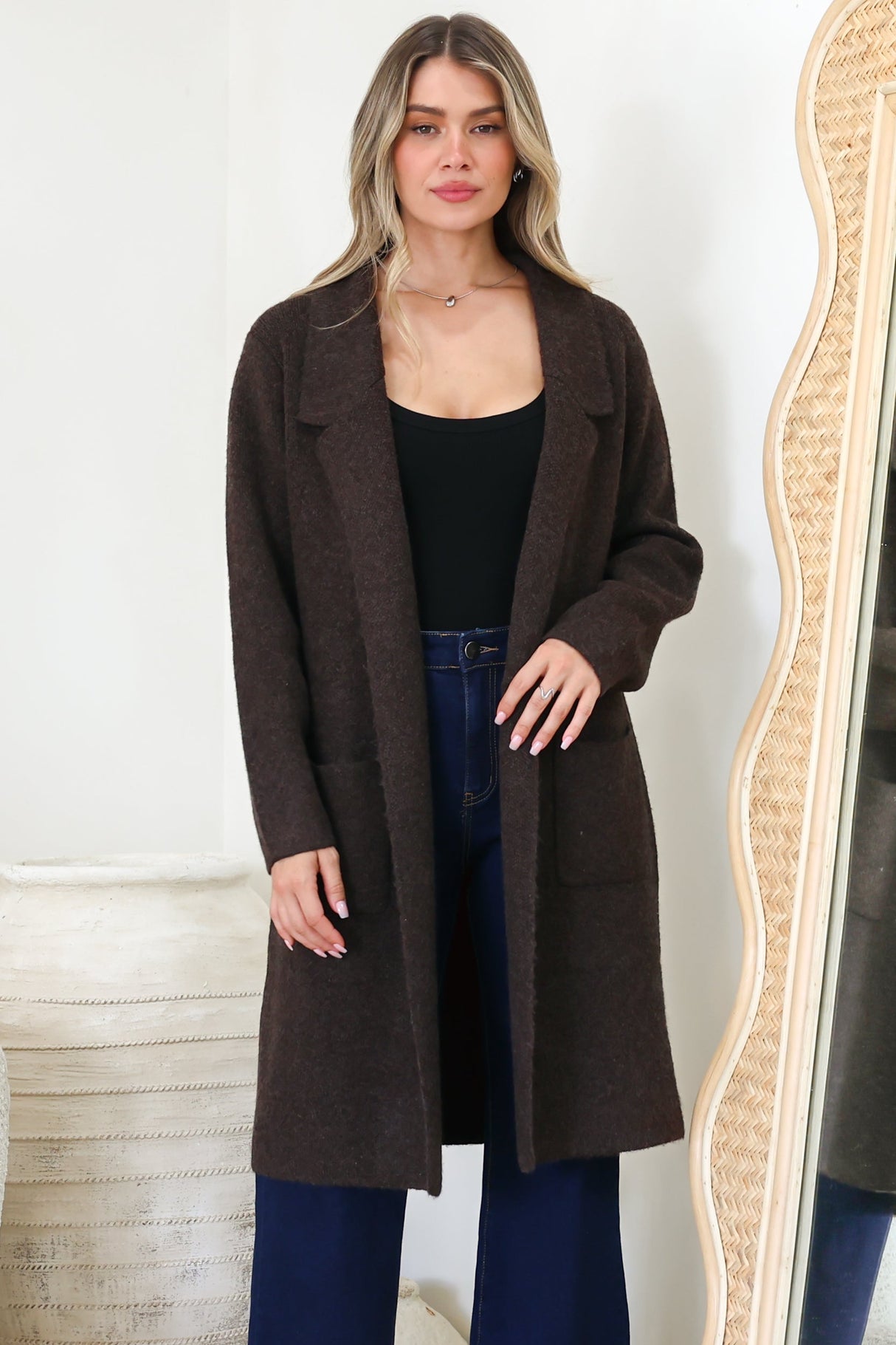 Samson Cardigan - Folded Lapel Collar Coatigan with Pockets in Chocolate