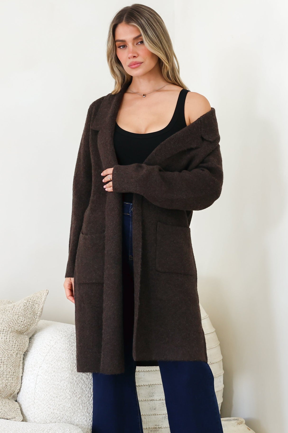 Samson Cardigan - Folded Lapel Collar Coatigan with Pockets in Chocolate
