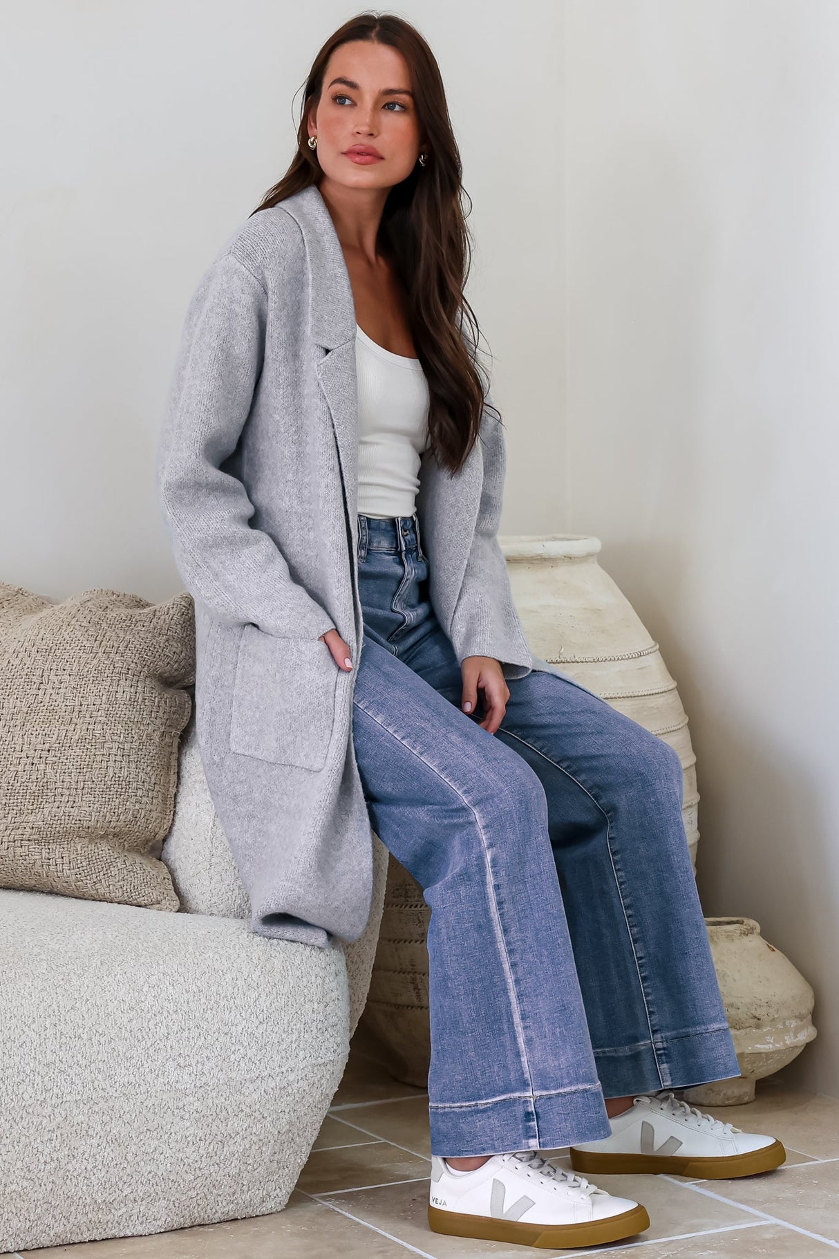 Samson Cardigan - Folded Lapel Collar Coatigan with Pockets in Grey