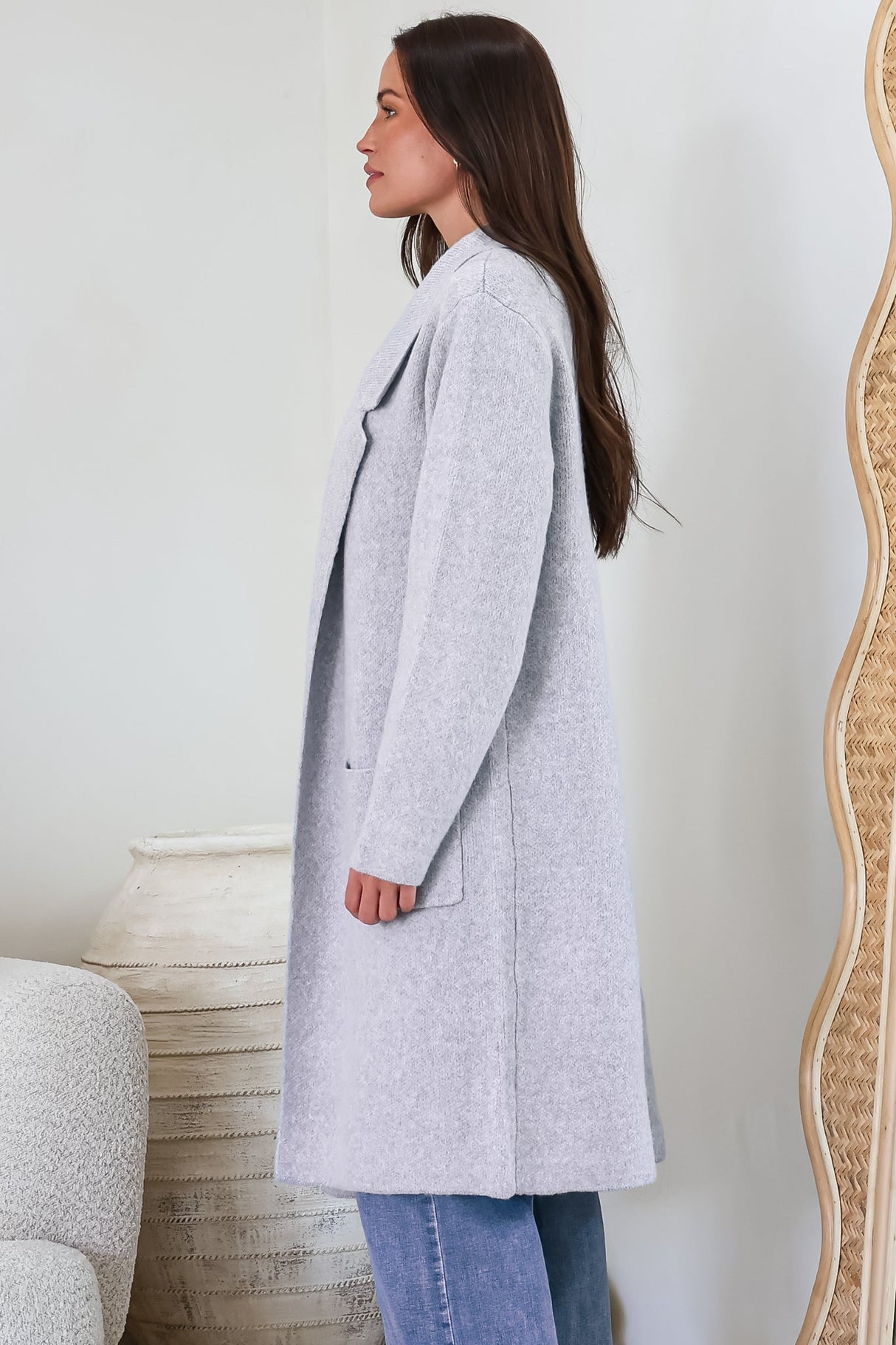 Samson Cardigan - Folded Lapel Collar Coatigan with Pockets in Grey