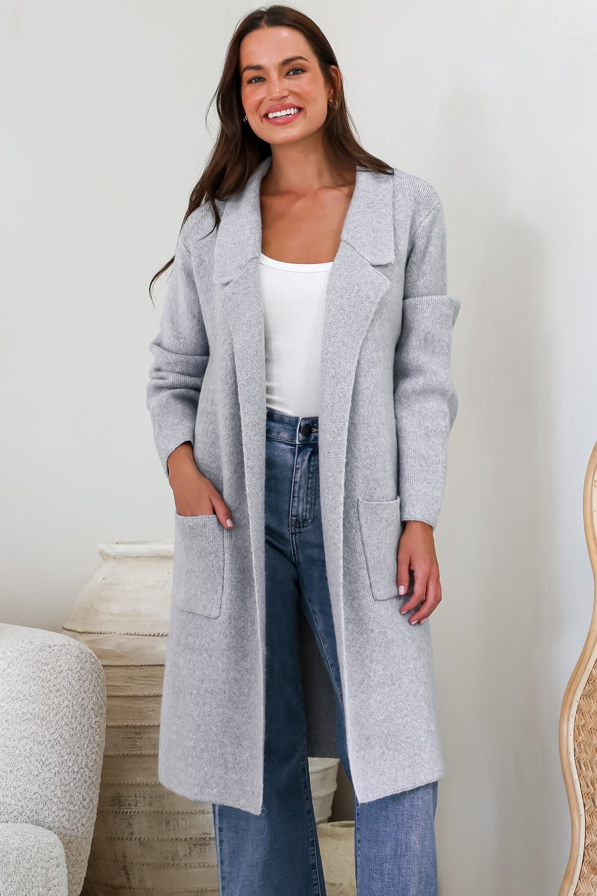 Samson Cardigan - Folded Lapel Collar Coatigan with Pockets in Grey