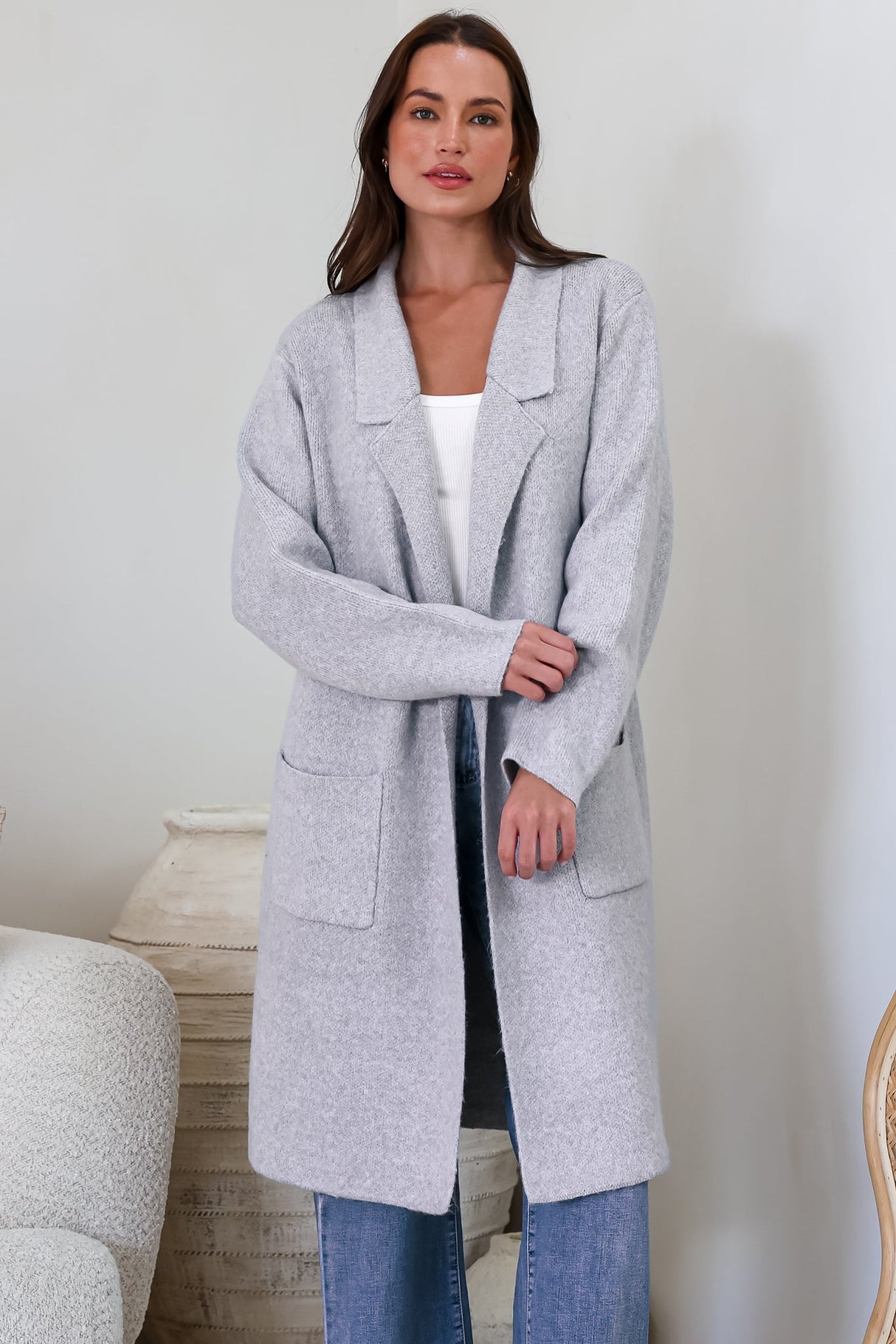 Samson Cardigan - Folded Lapel Collar Coatigan with Pockets in Grey