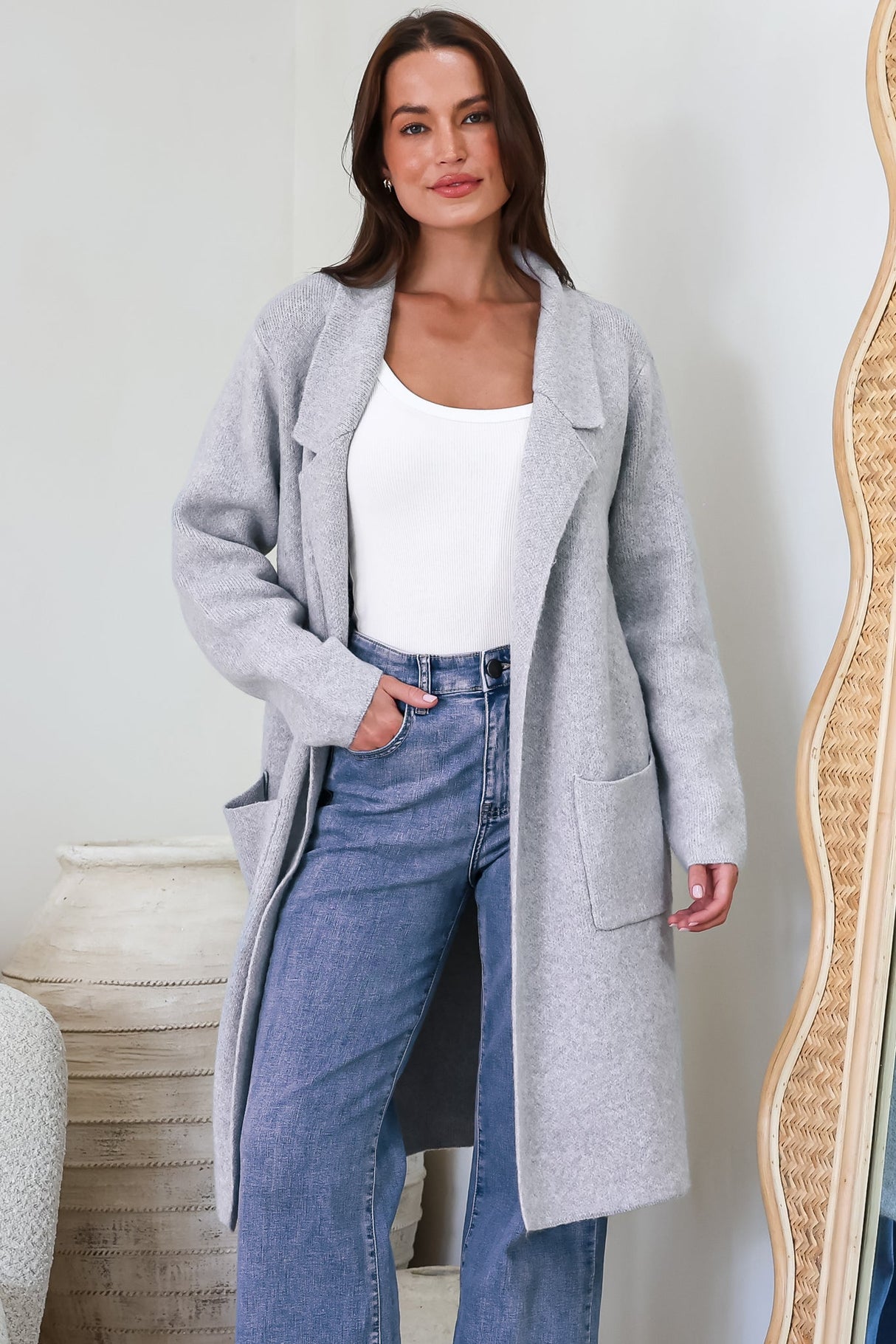 Samson Cardigan - Folded Lapel Collar Coatigan with Pockets in Grey