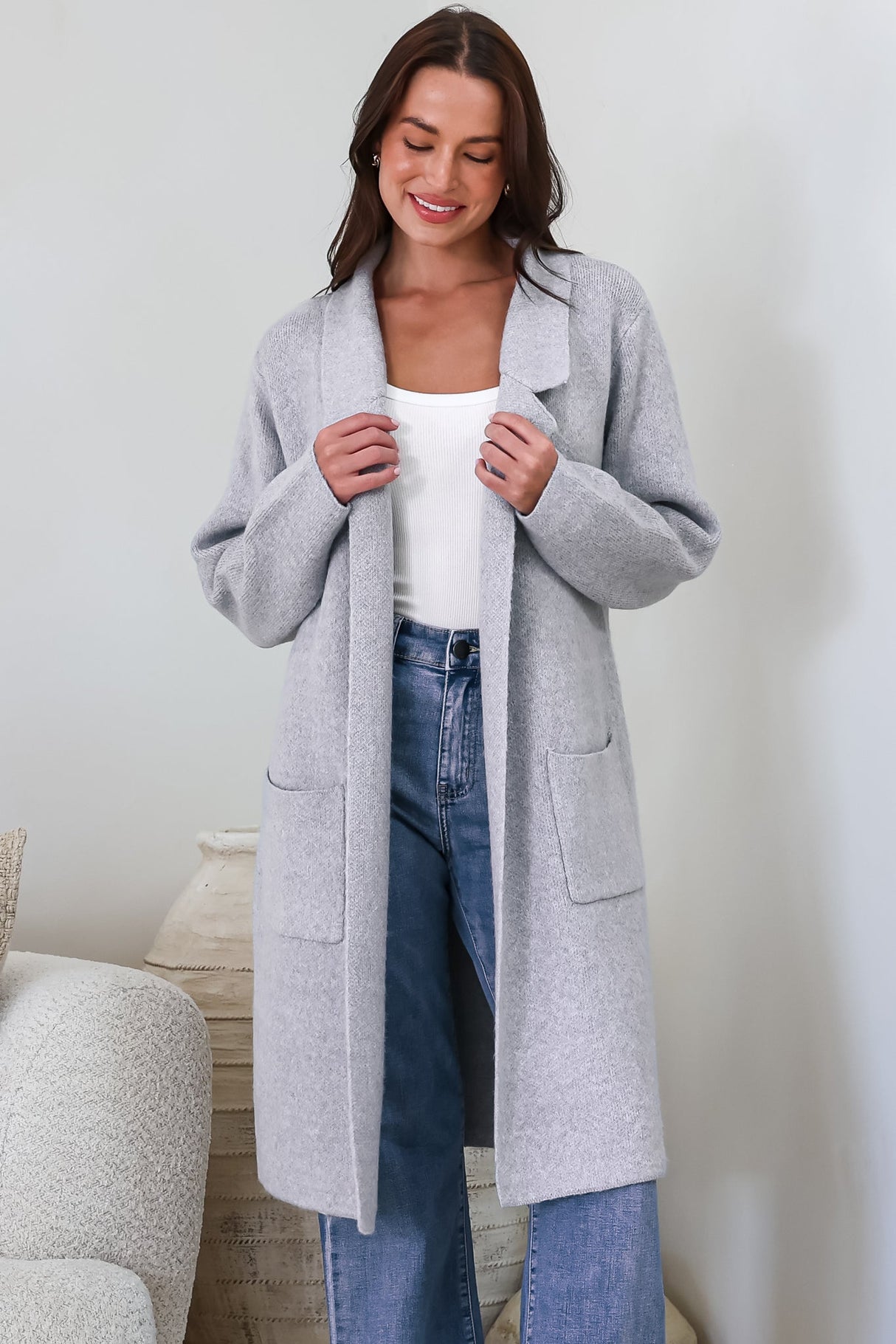 Samson Cardigan - Folded Lapel Collar Coatigan with Pockets in Grey