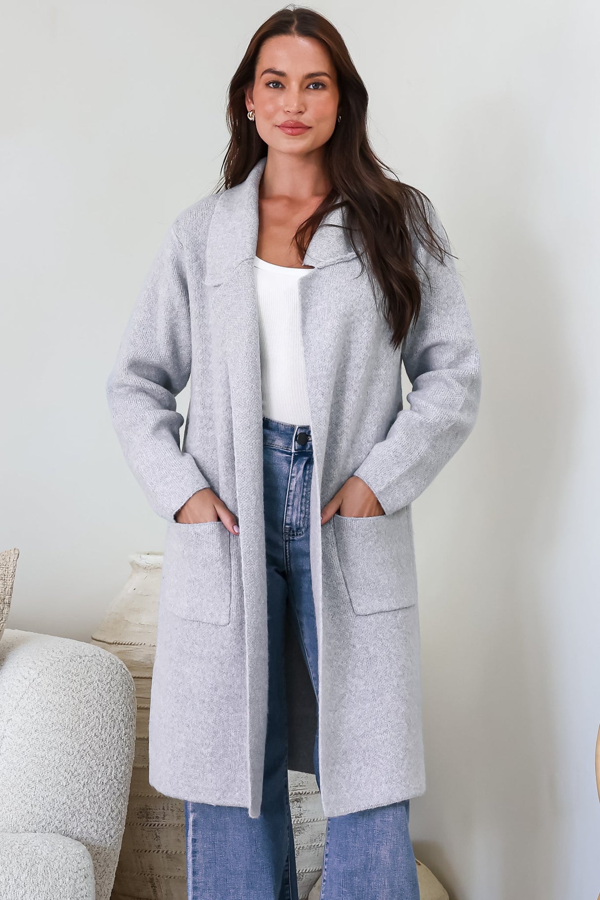 Model wearing Samson Cardigan in Grey from Salty Crush