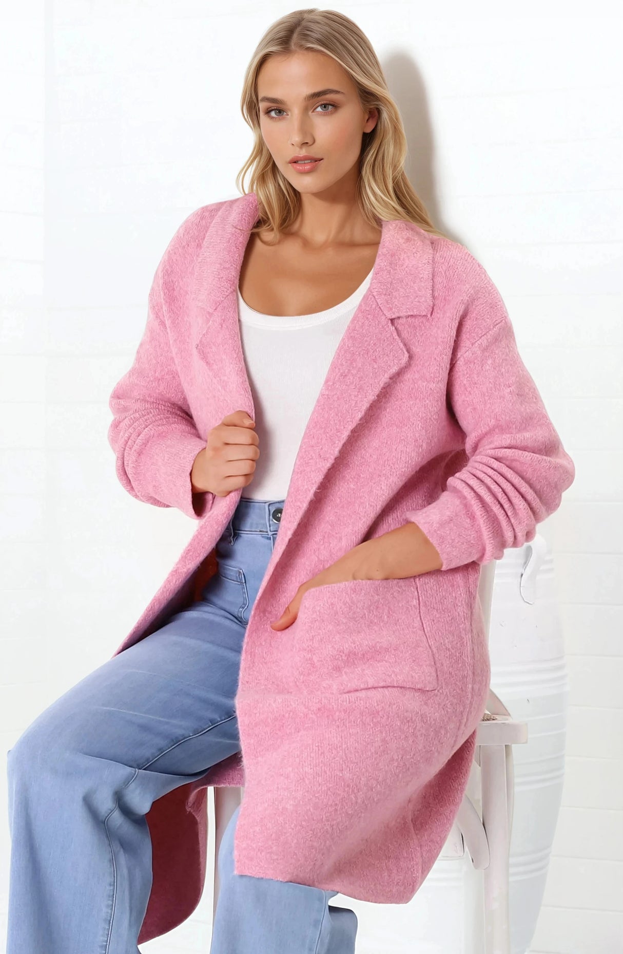 Samson Cardigan - Folded Lapel Collar Coatigan with Pockets in Pink