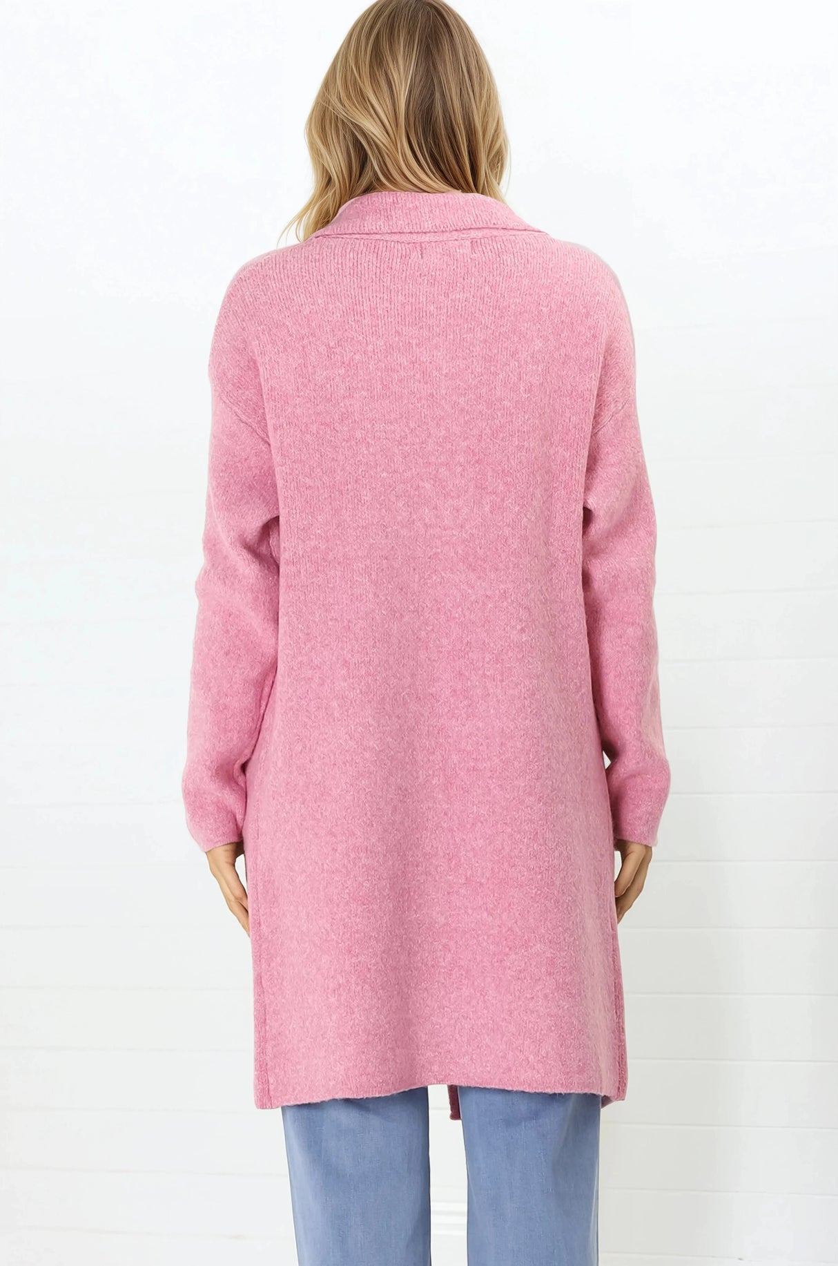 Samson Cardigan - Folded Lapel Collar Coatigan with Pockets in Pink