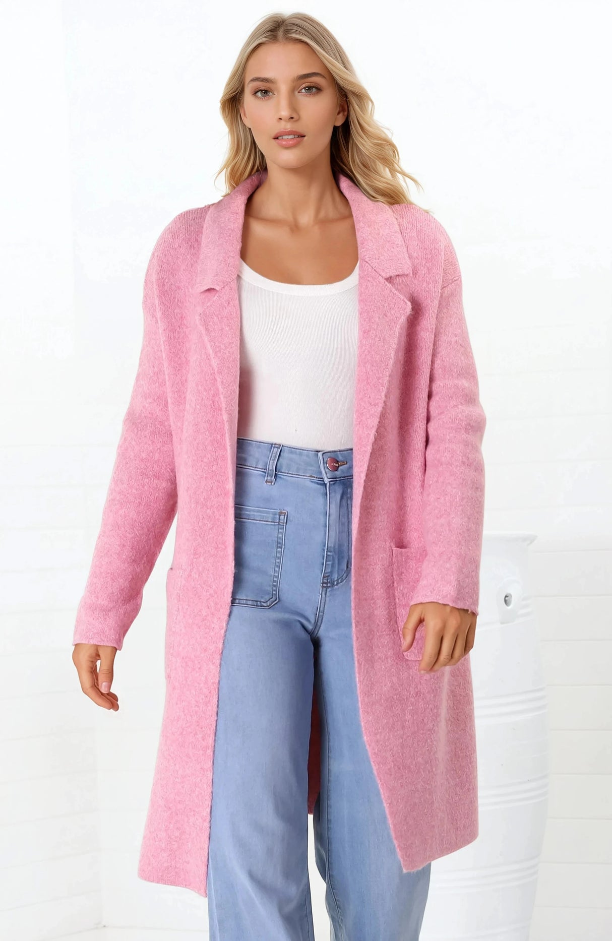 Samson Cardigan - Folded Lapel Collar Coatigan with Pockets in Pink