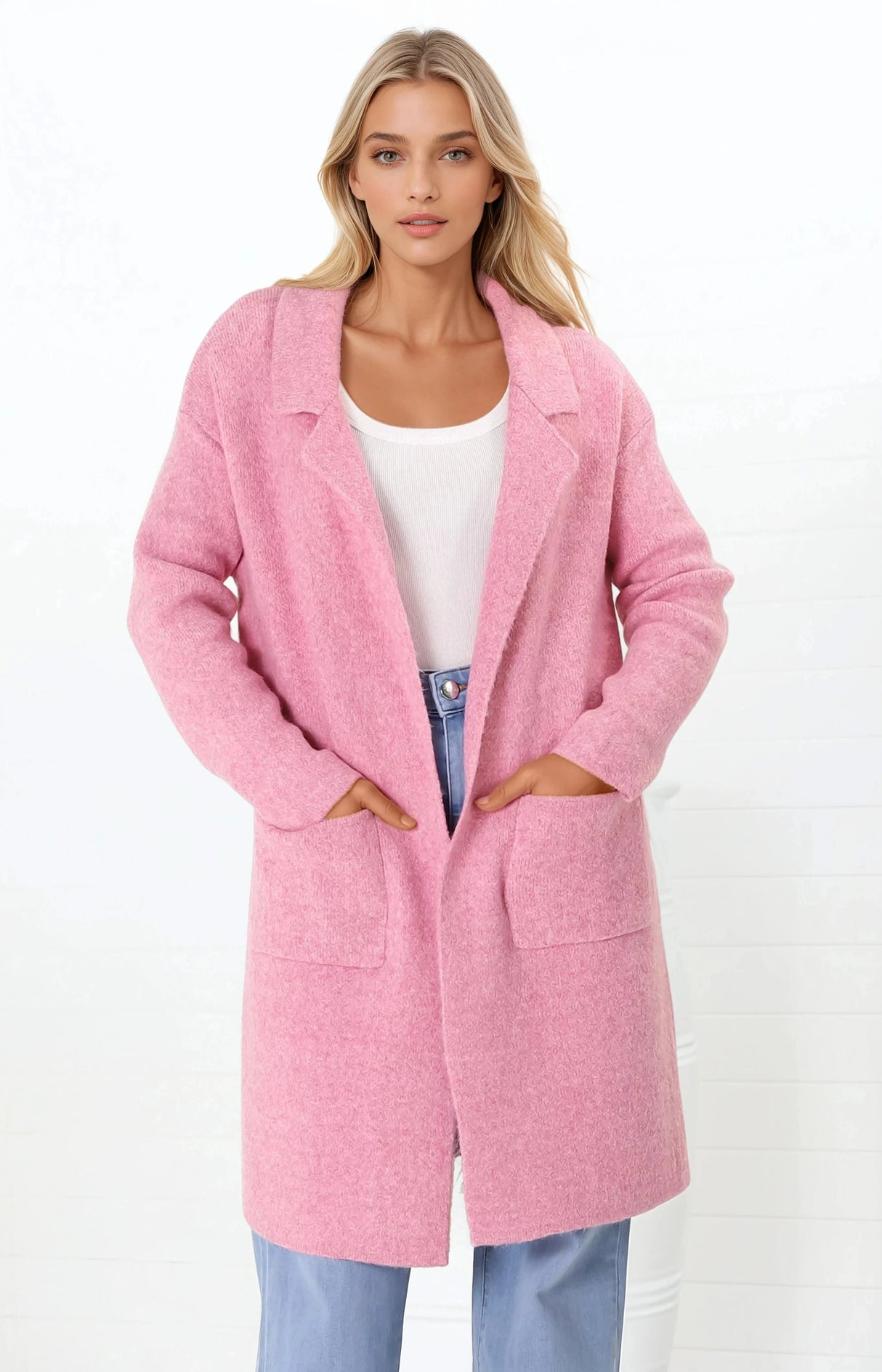 Samson Cardigan - Folded Lapel Collar Coatigan with Pockets in Pink