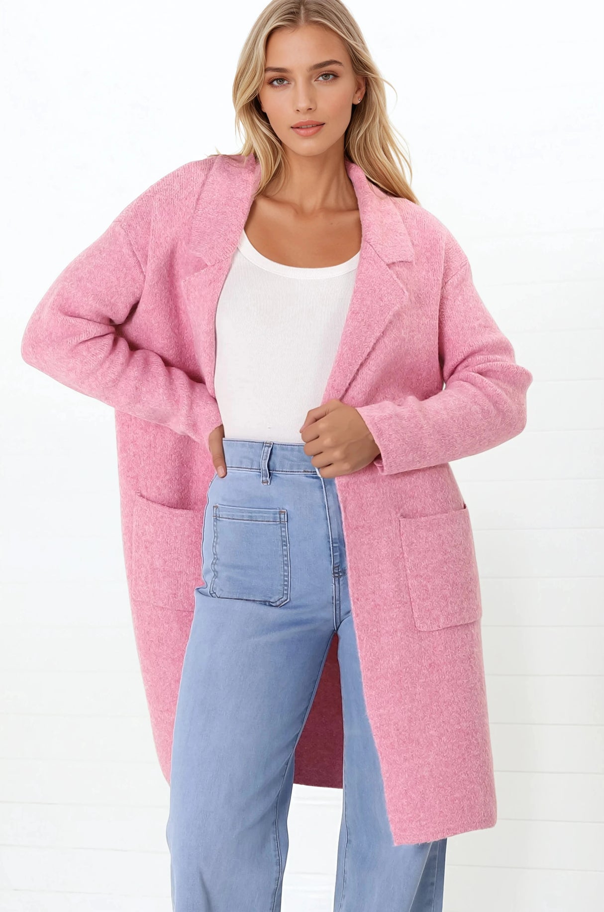 Samson Cardigan - Folded Lapel Collar Coatigan with Pockets in Pink