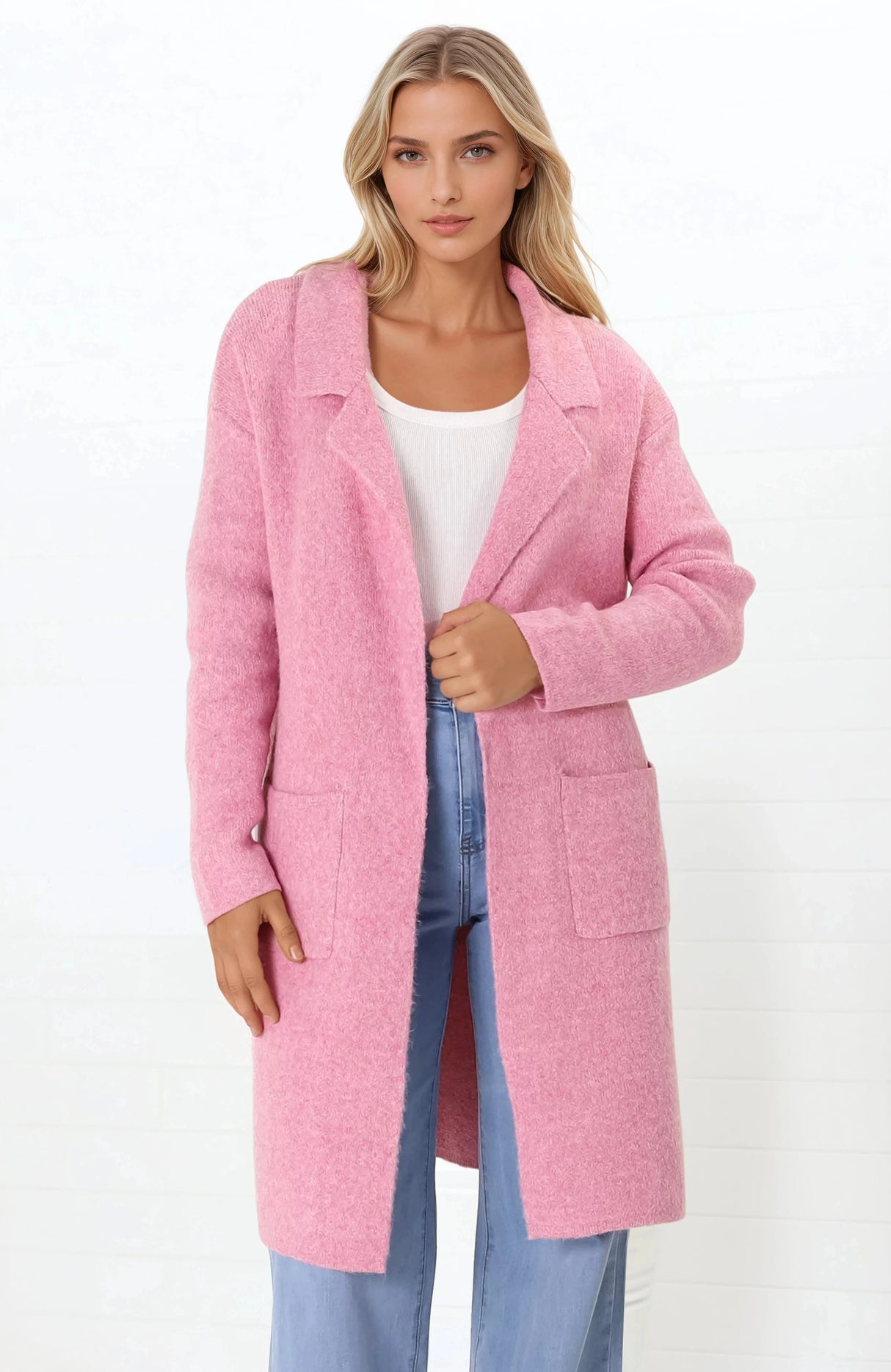 Samson Cardigan - Folded Lapel Collar Coatigan with Pockets in Pink