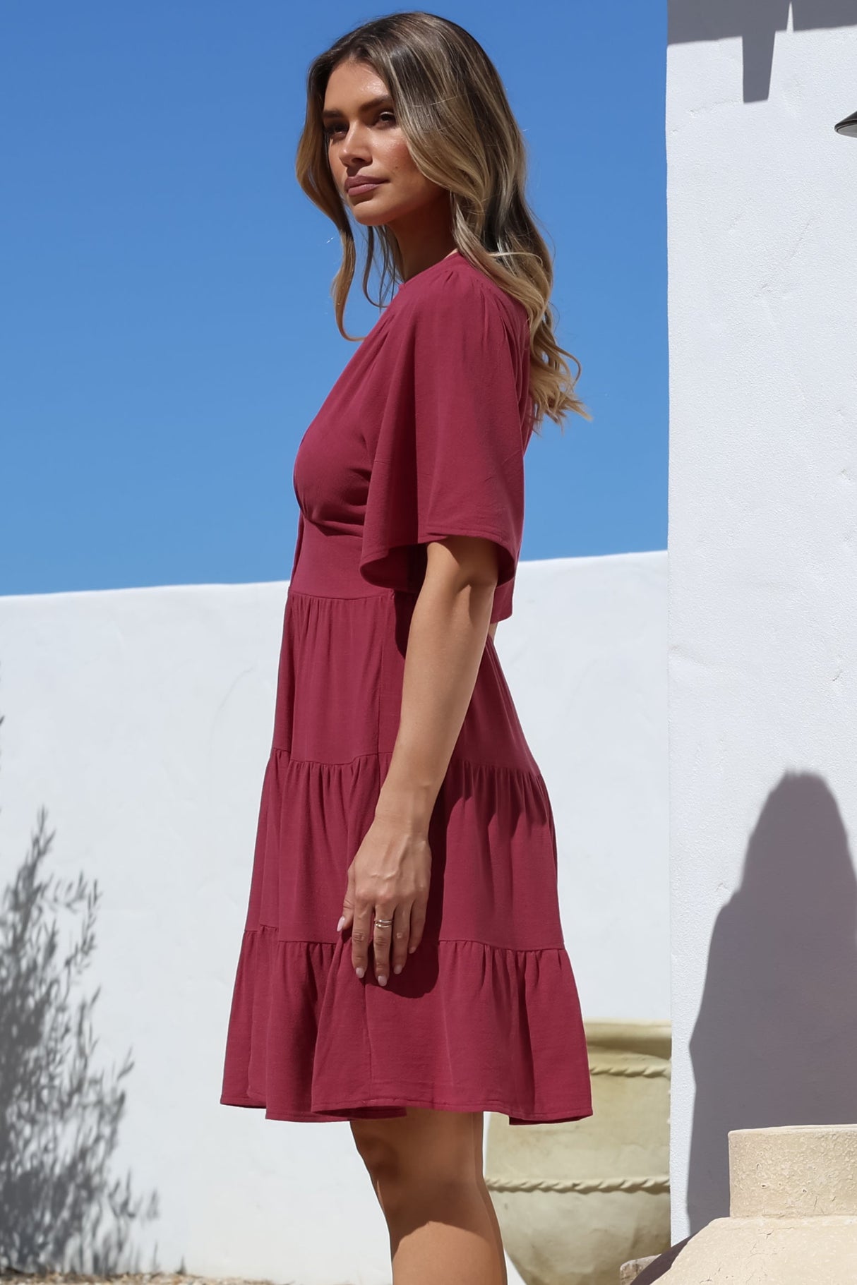 Sana Mini Dress - Bell Sleeve Button Down V Neck Dress in Berry