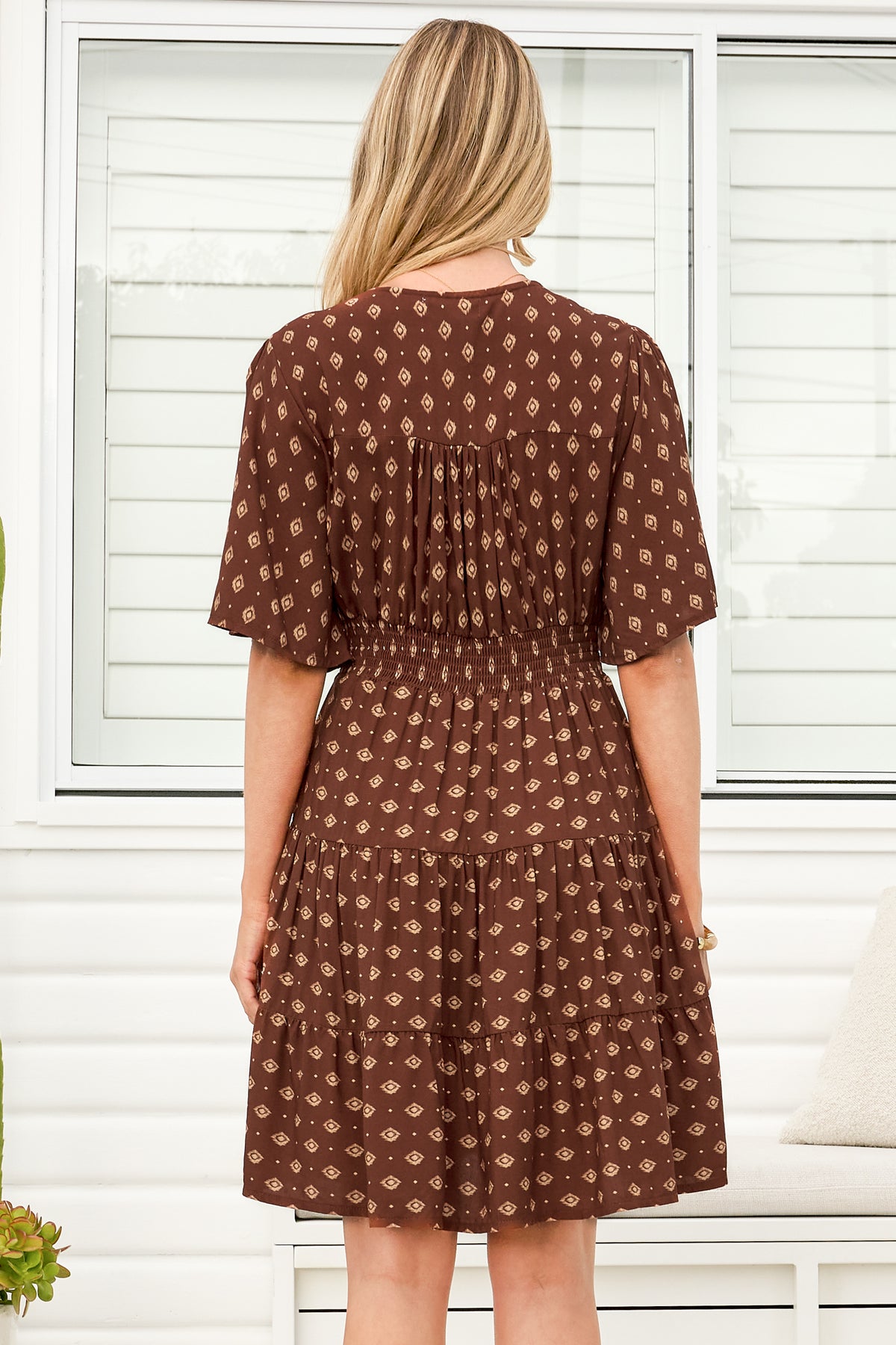 Sana Mini Dress - Bell Sleeve Button Down V Neck Dress in Kendy Print