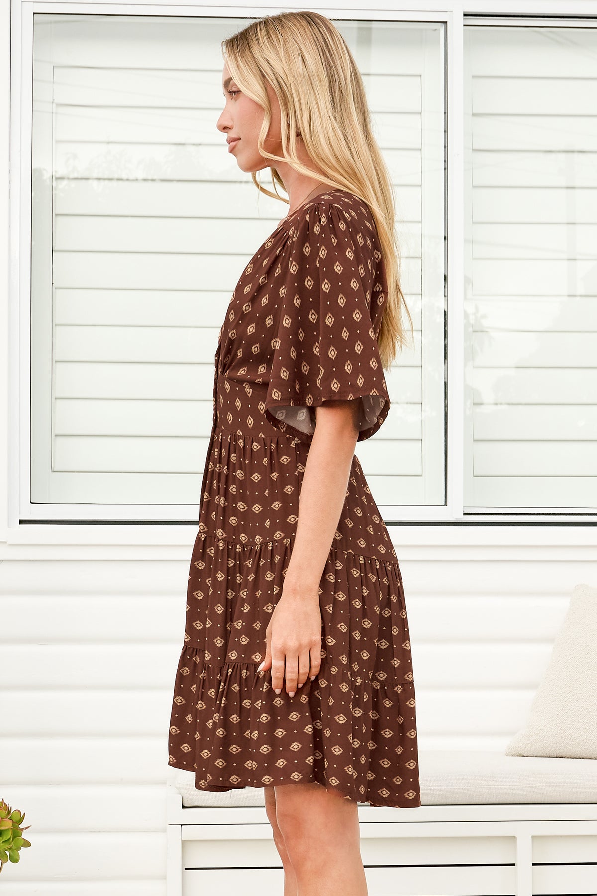 Sana Mini Dress - Bell Sleeve Button Down V Neck Dress in Kendy Print