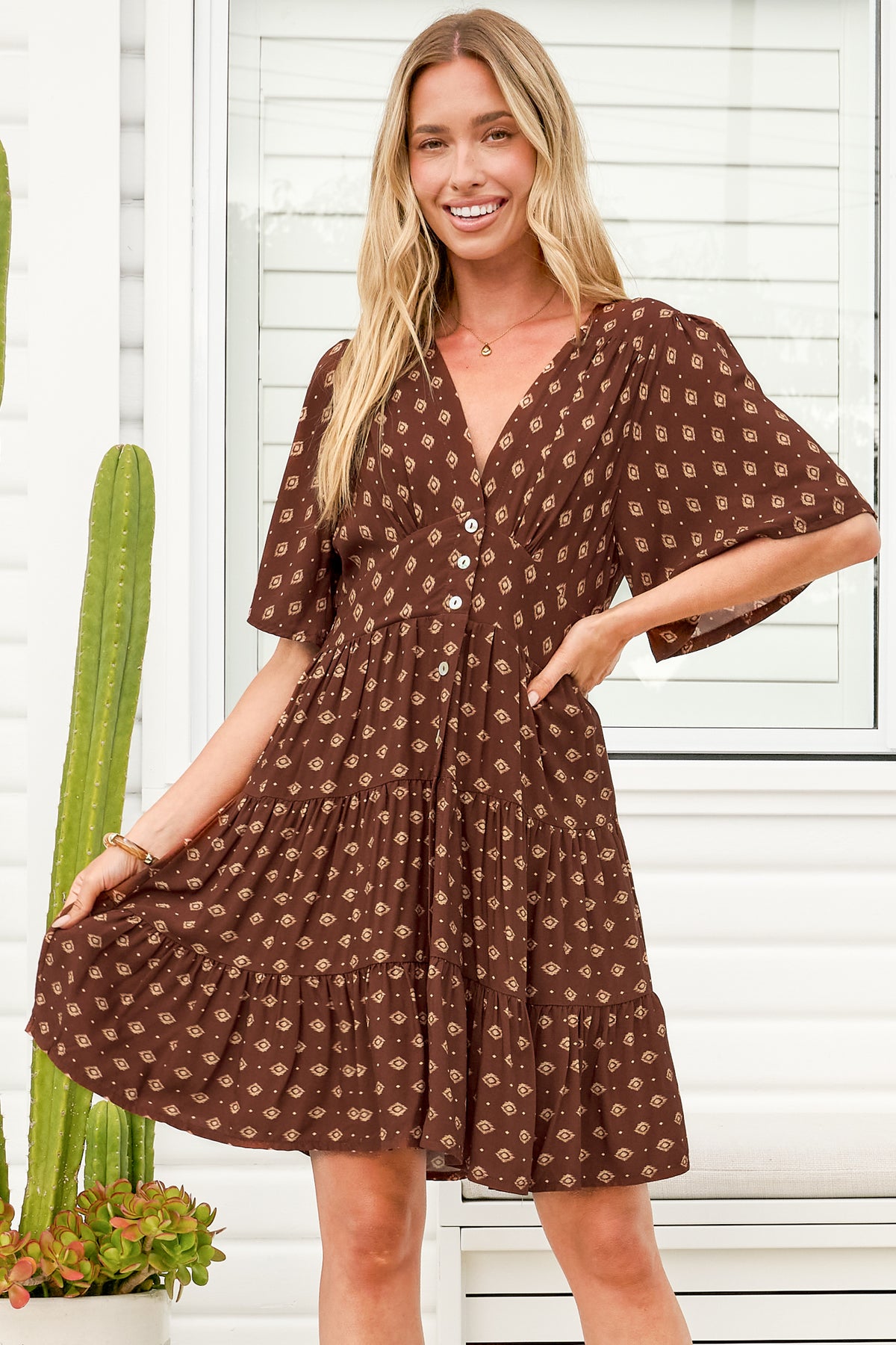 Sana Mini Dress - Bell Sleeve Button Down V Neck Dress in Kendy Print