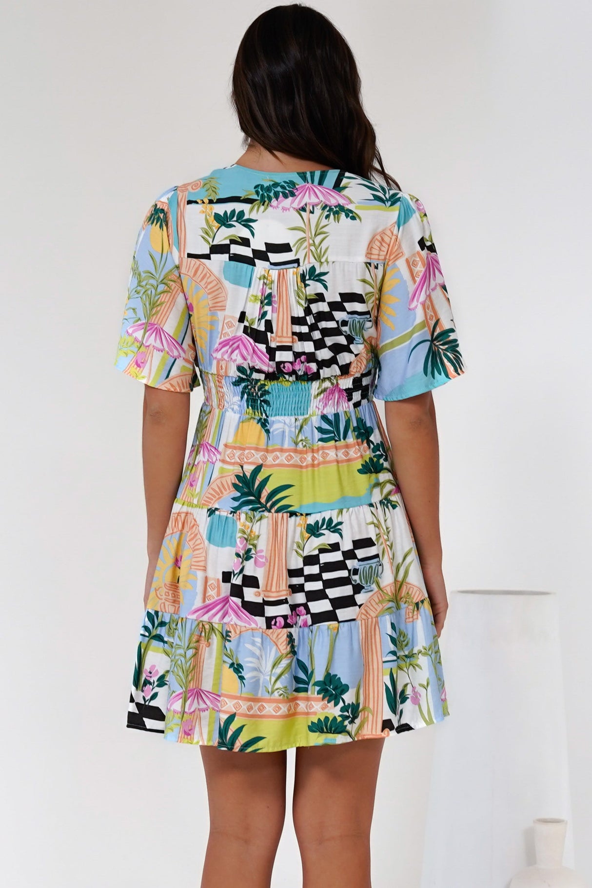 Sana Mini Dress - Bell Sleeve Button Down V Neck Dress in Melora Print