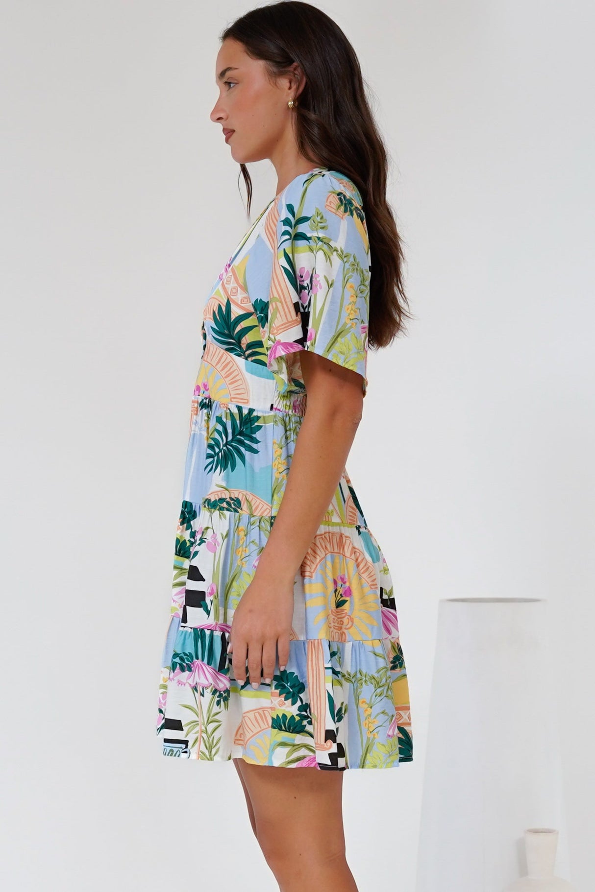 Sana Mini Dress - Bell Sleeve Button Down V Neck Dress in Melora Print