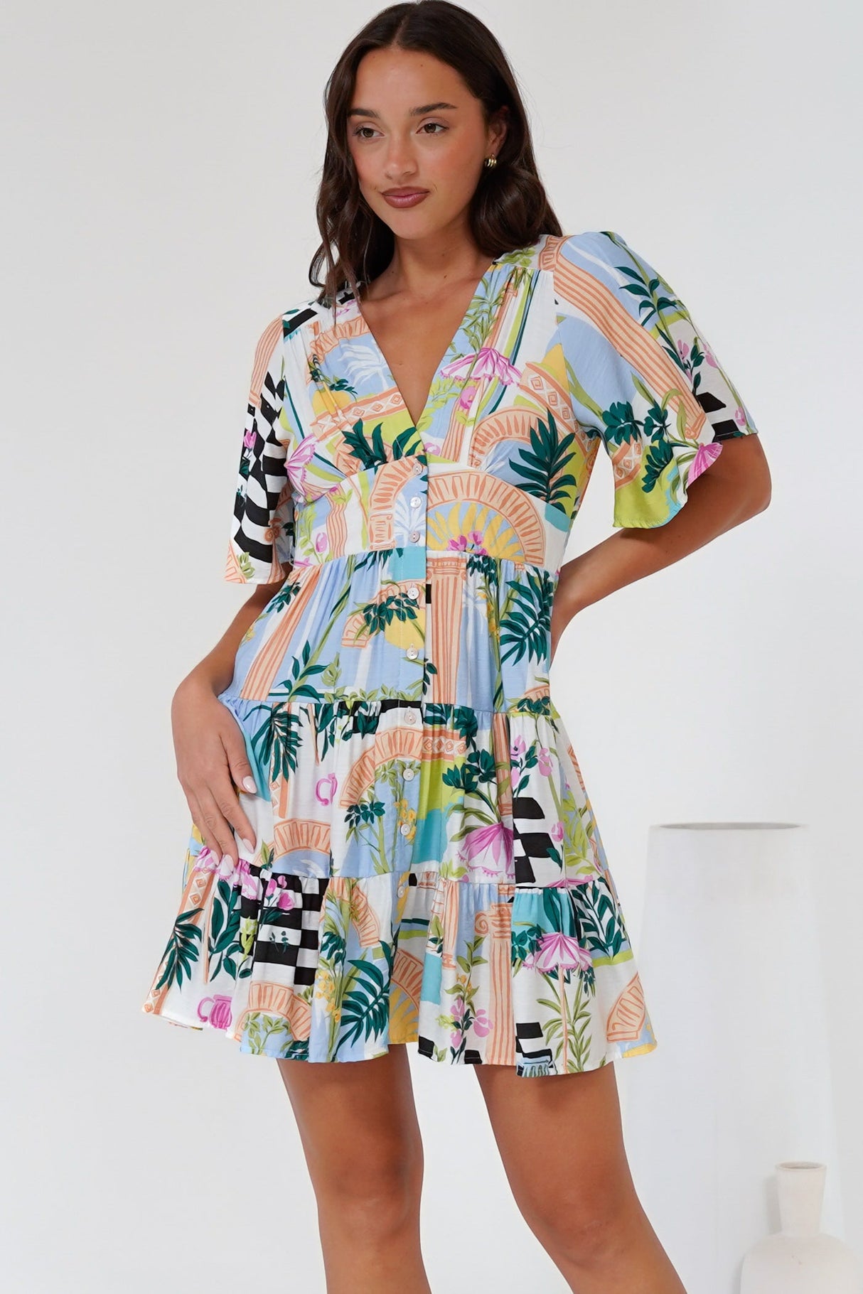 Sana Mini Dress - Bell Sleeve Button Down V Neck Dress in Melora Print