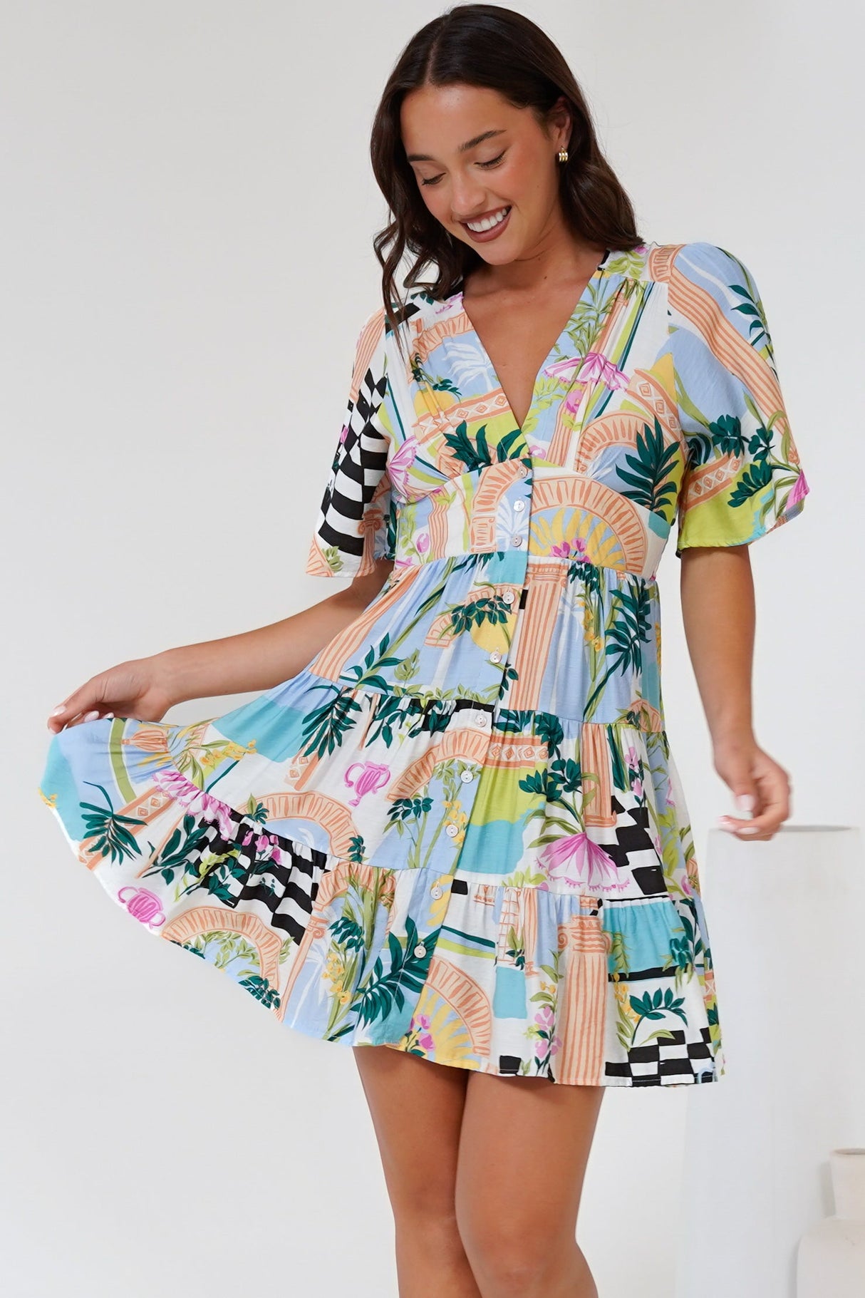 Sana Mini Dress - Bell Sleeve Button Down V Neck Dress in Melora Print