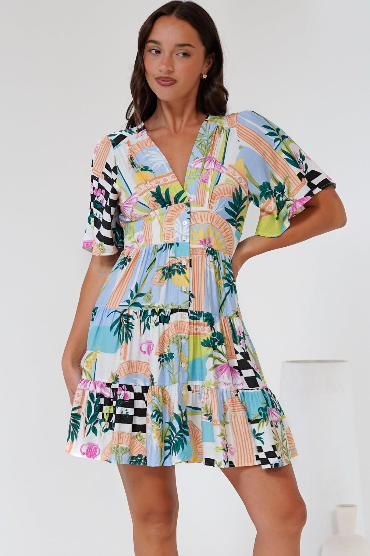 Sana Mini Dress - Bell Sleeve Button Down V Neck Dress in Melora Print