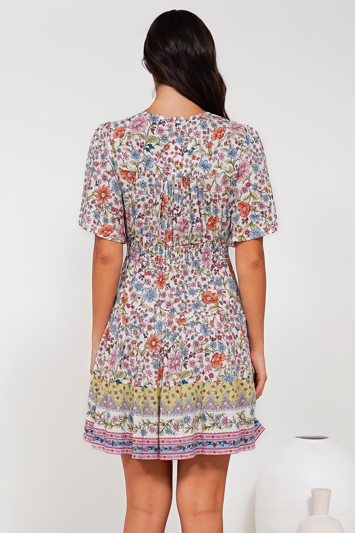 Sana Mini Dress - Bell Sleeve Button Down V Neck Dress in Scottie Print