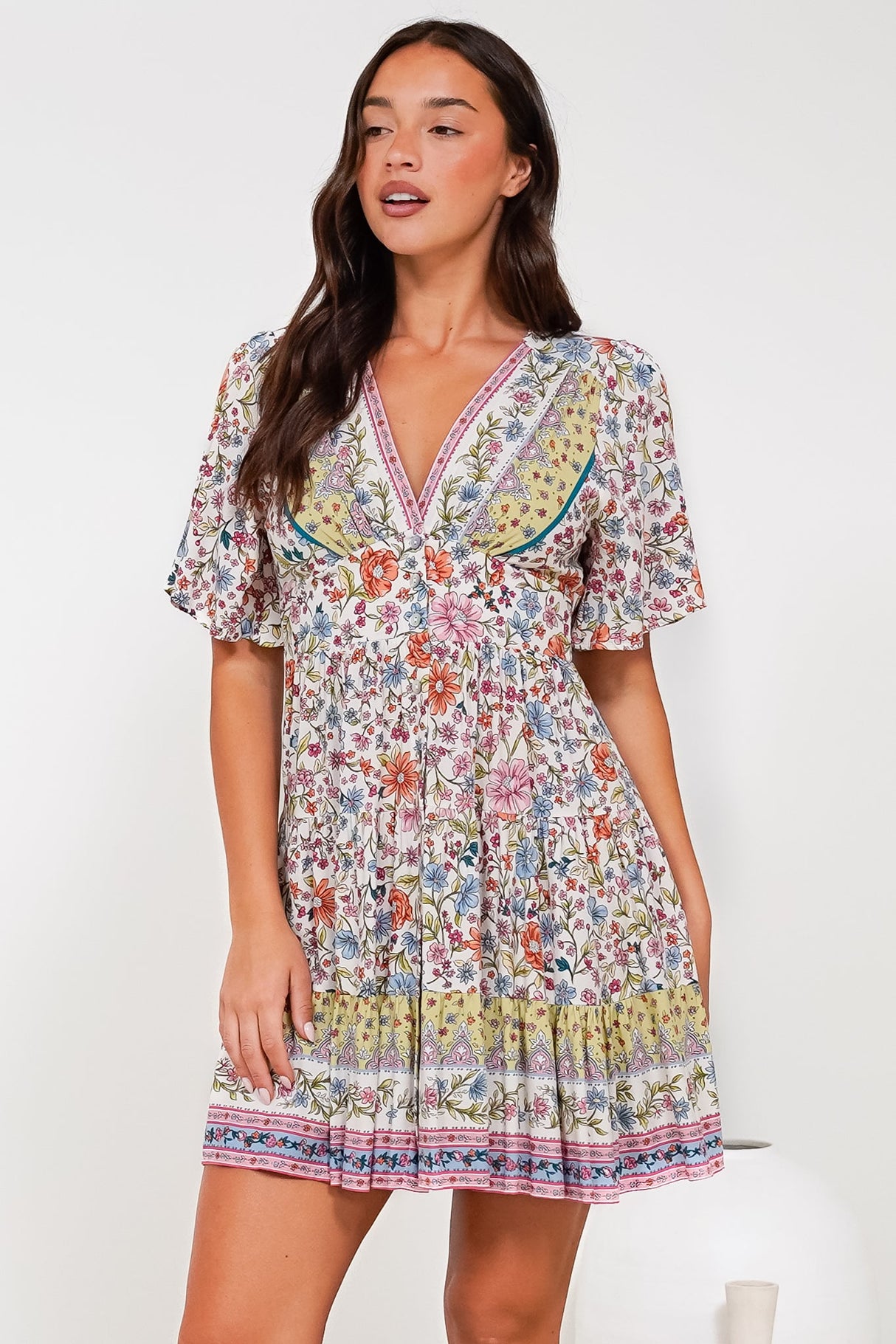 Sana Mini Dress - Bell Sleeve Button Down V Neck Dress in Scottie Print