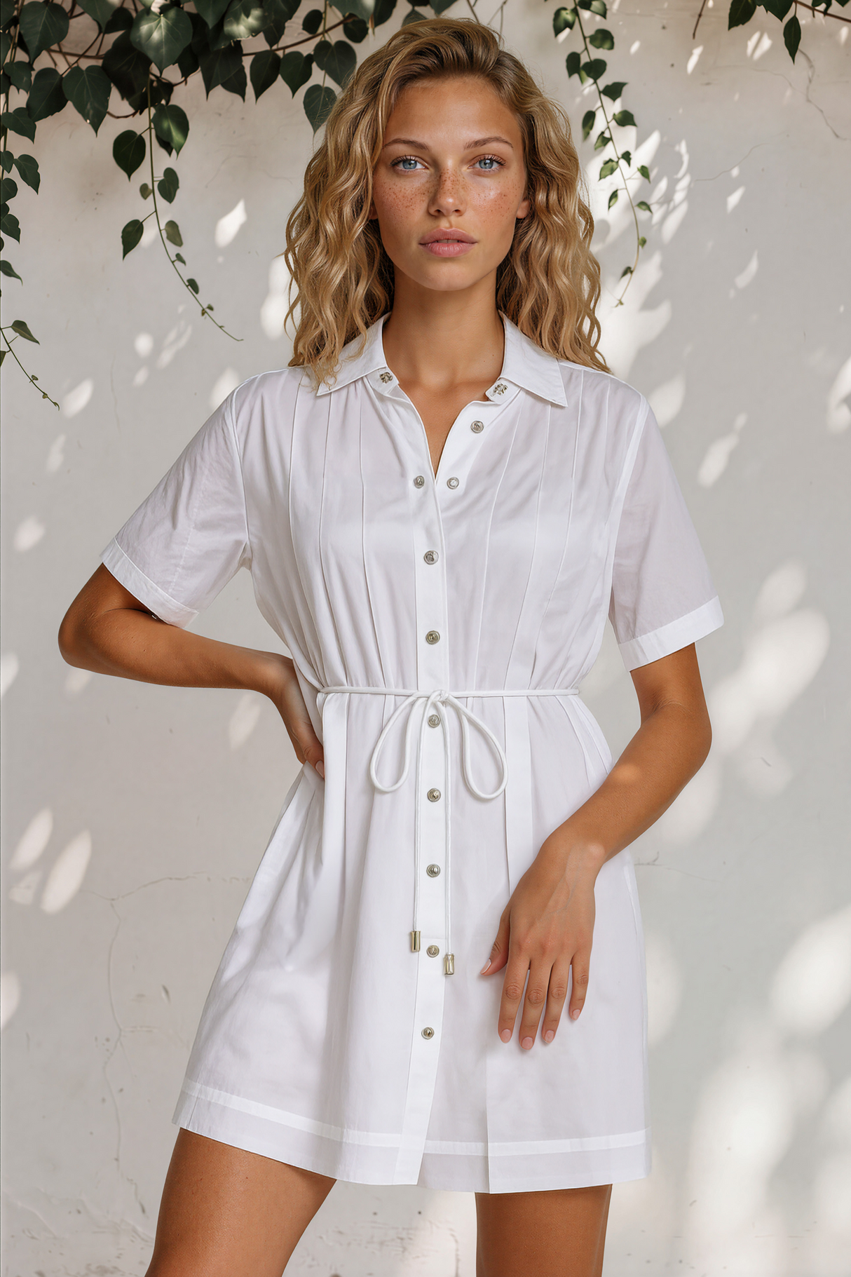Woman wearing a white dress standing against a light background with greenery.