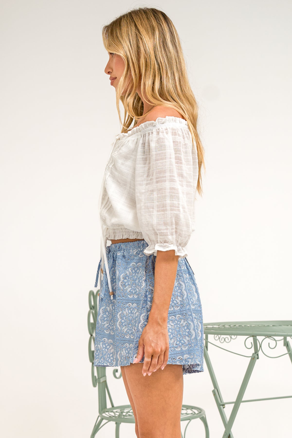 Santorini Shorts - Lace Overlay Elasticated Drawstring Waist Shorts in Blue Lace