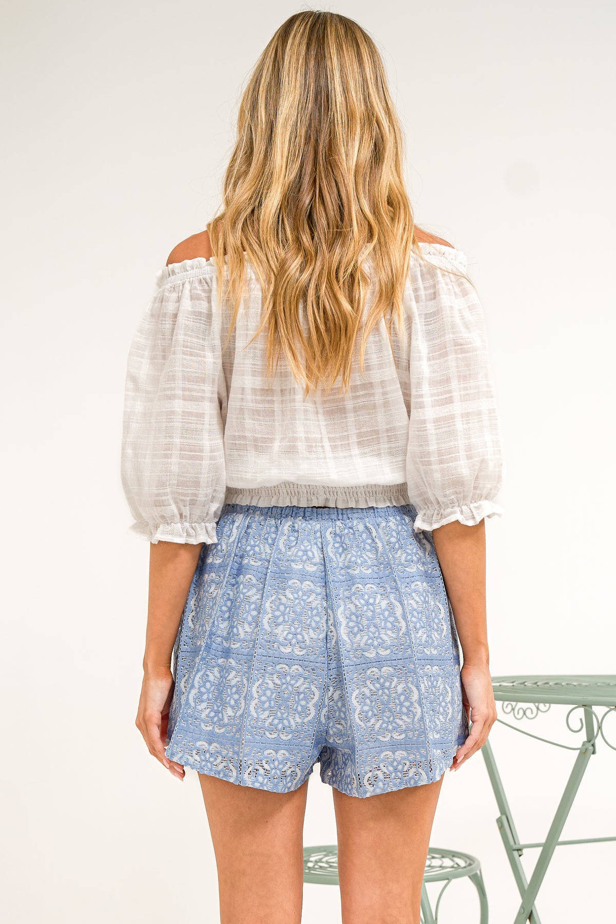 Santorini Shorts - Lace Overlay Elasticated Drawstring Waist Shorts in Blue Lace