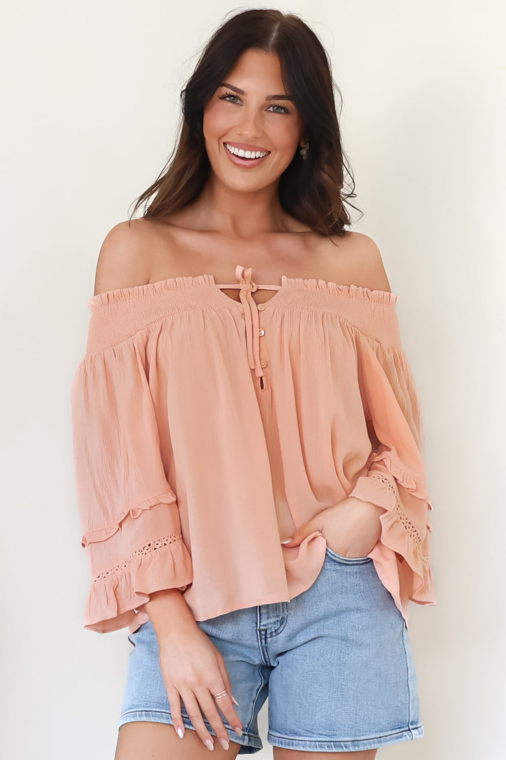 Sarah Top - Off Shoulder Ruffled Sleeve Top in Blush