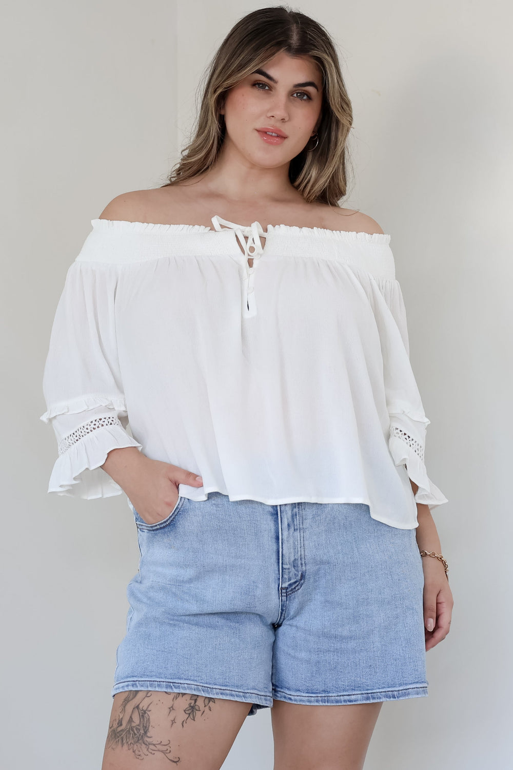 Sarah Top - Off Shoulder Ruffled Sleeve Top in White