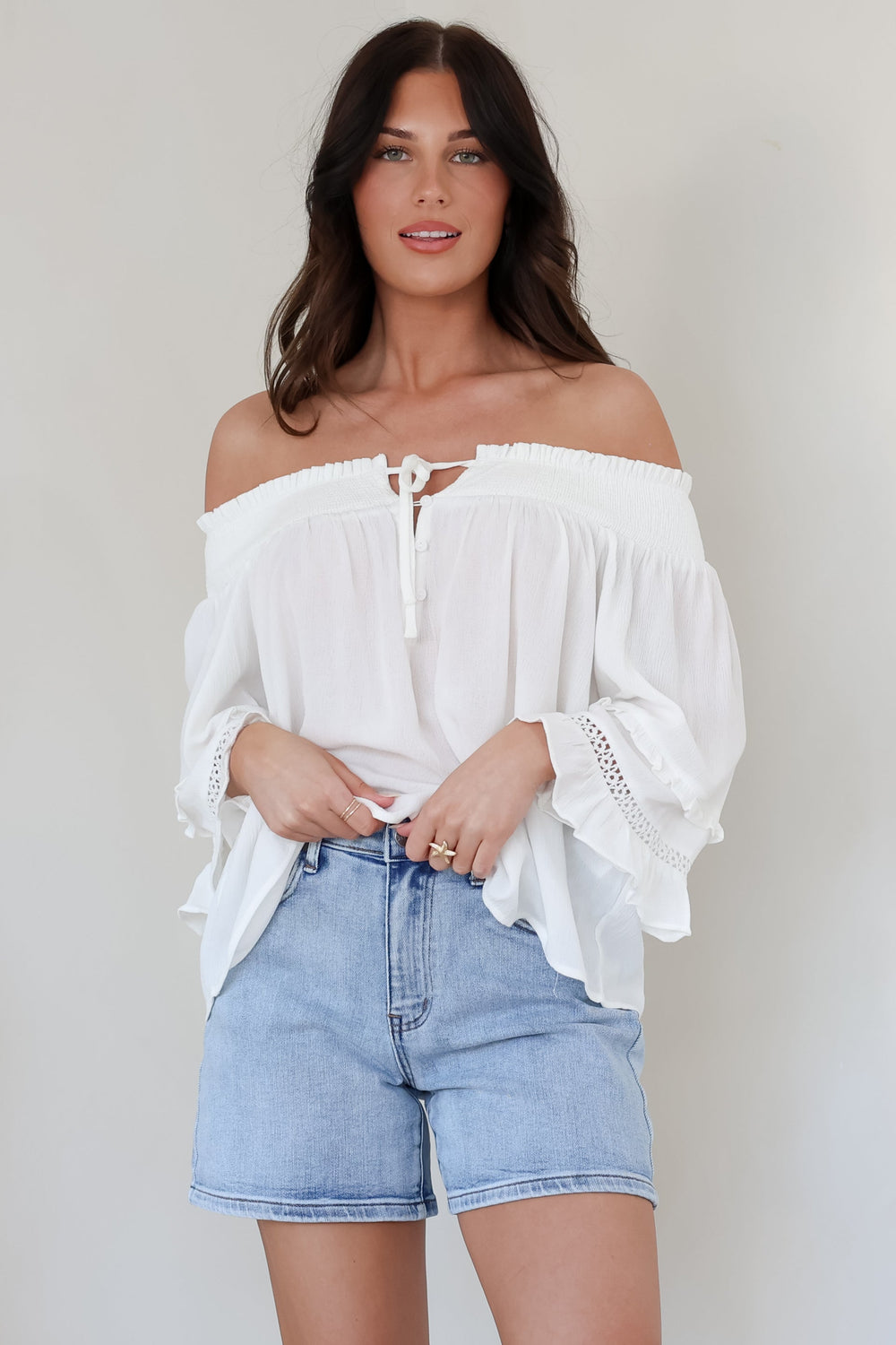 Sarah Top - Off Shoulder Ruffled Sleeve Top in White