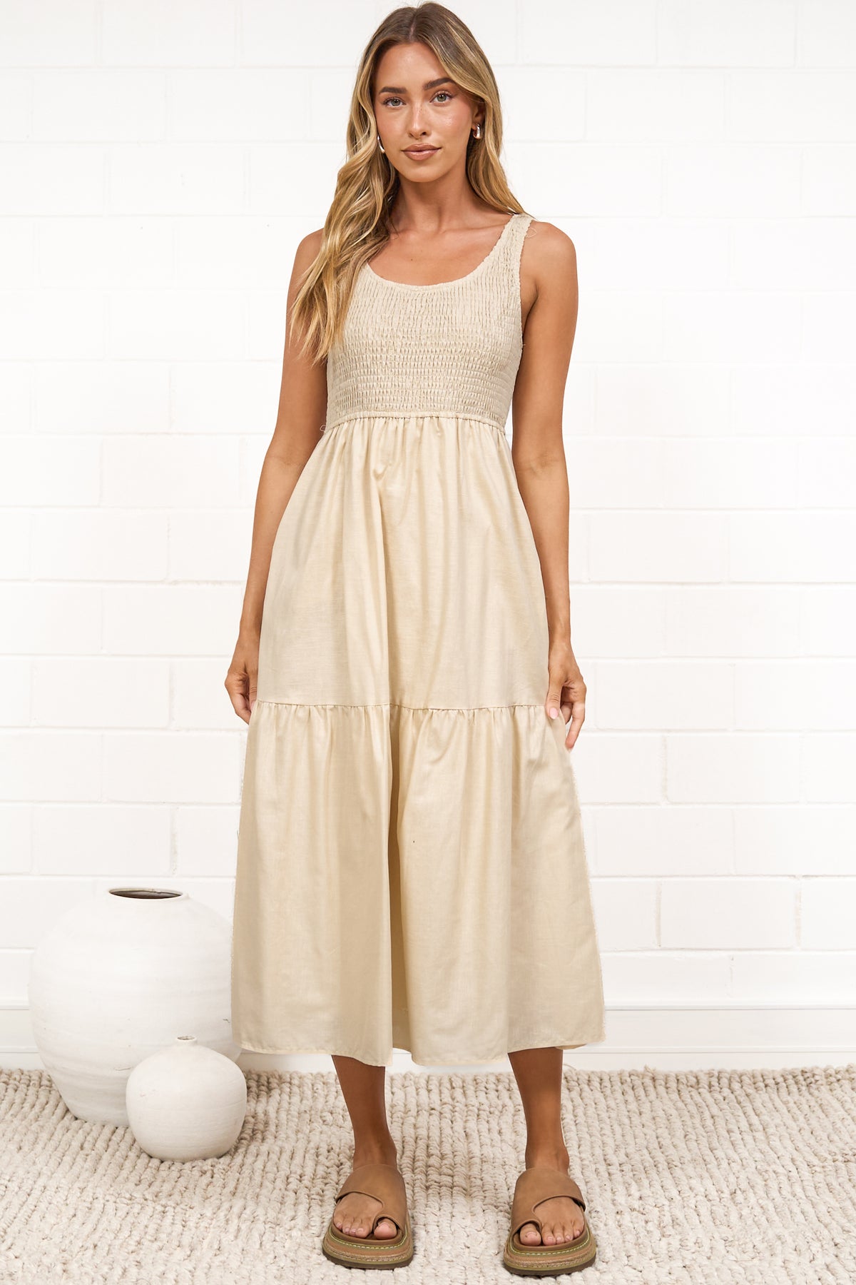Sarlie Midi Dress - Shirred Bodice Cotton/Linen Blend Tiered Dress in Beige