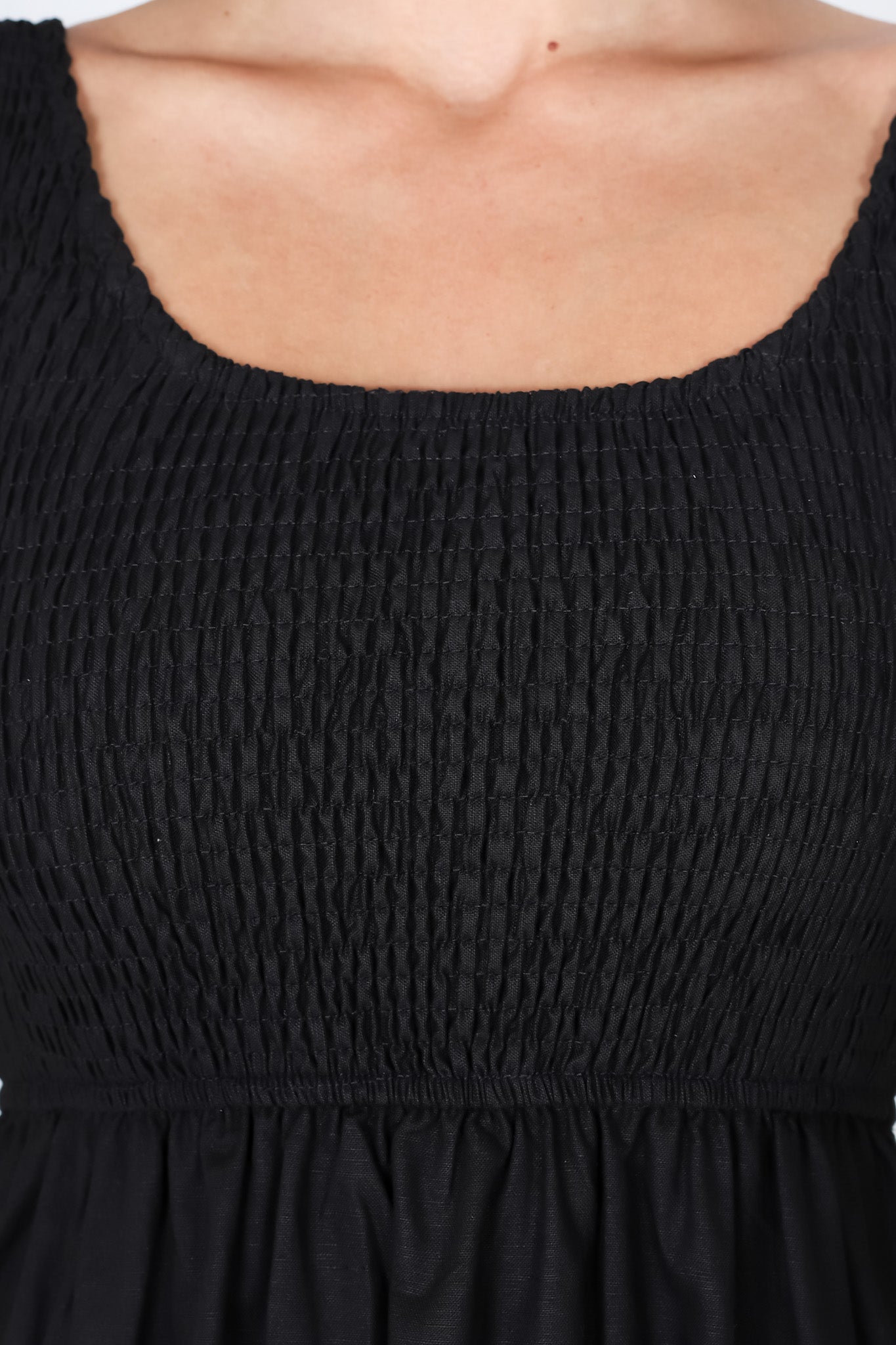 Sarlie Midi Dress - Shirred Bodice Cotton/Linen Blend Tiered Dress in Black