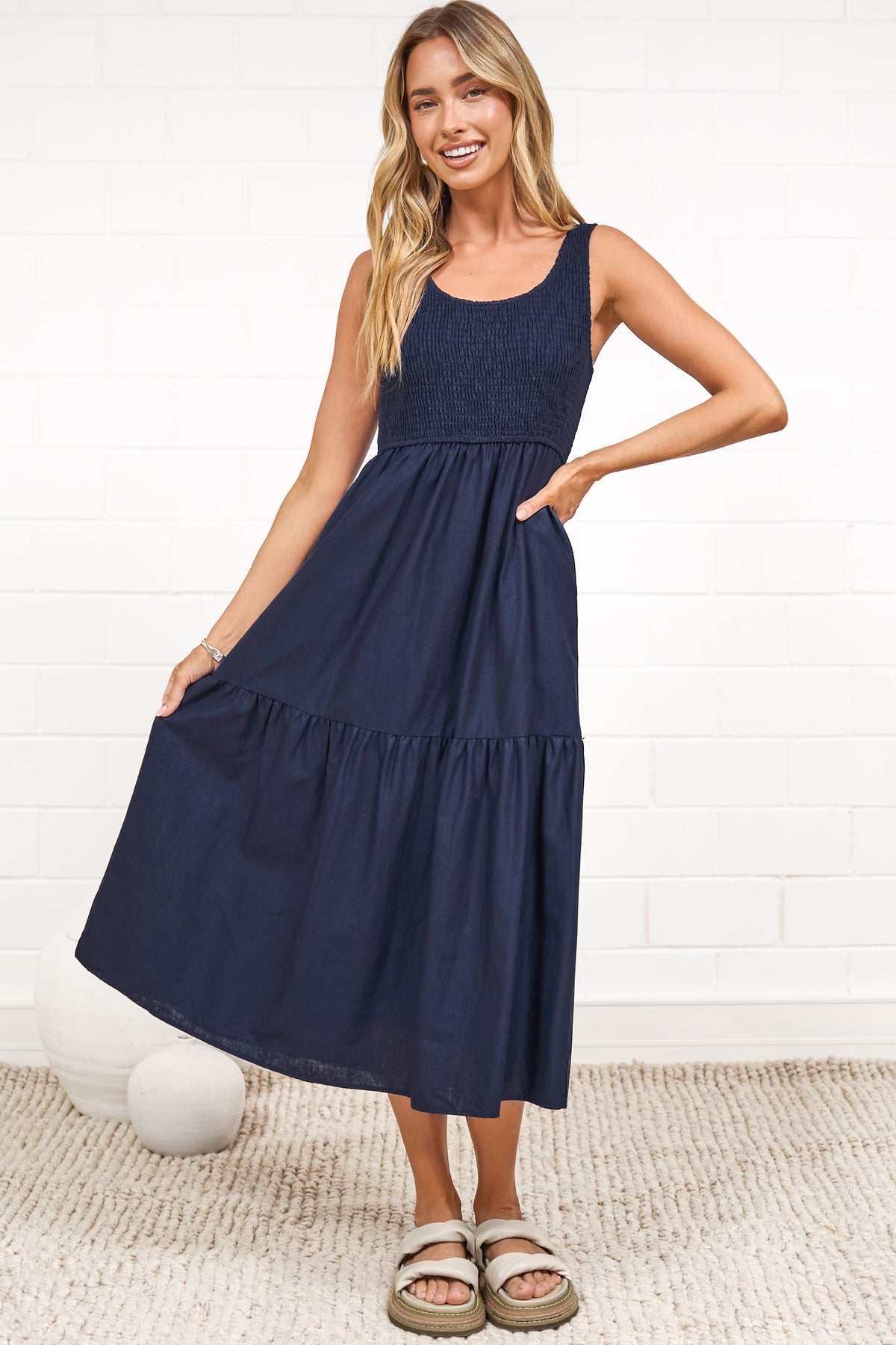 Sarlie Midi Dress - Shirred Bodice Cotton/Linen Blend Tiered Dress in Navy