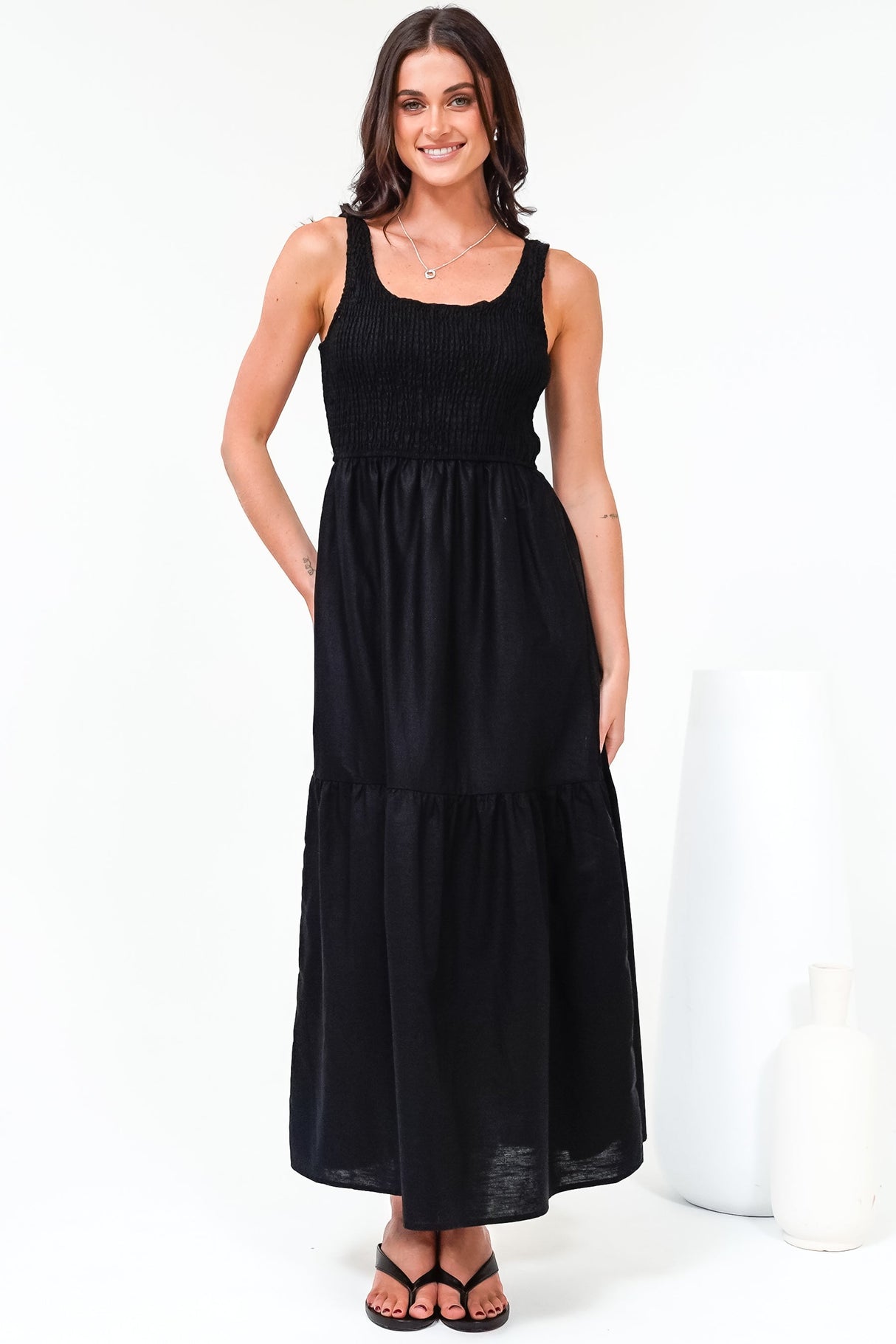 Sarlita Midi Dress - Shirred Bodice Sleeveless Tiered Dress with Pockets in Black