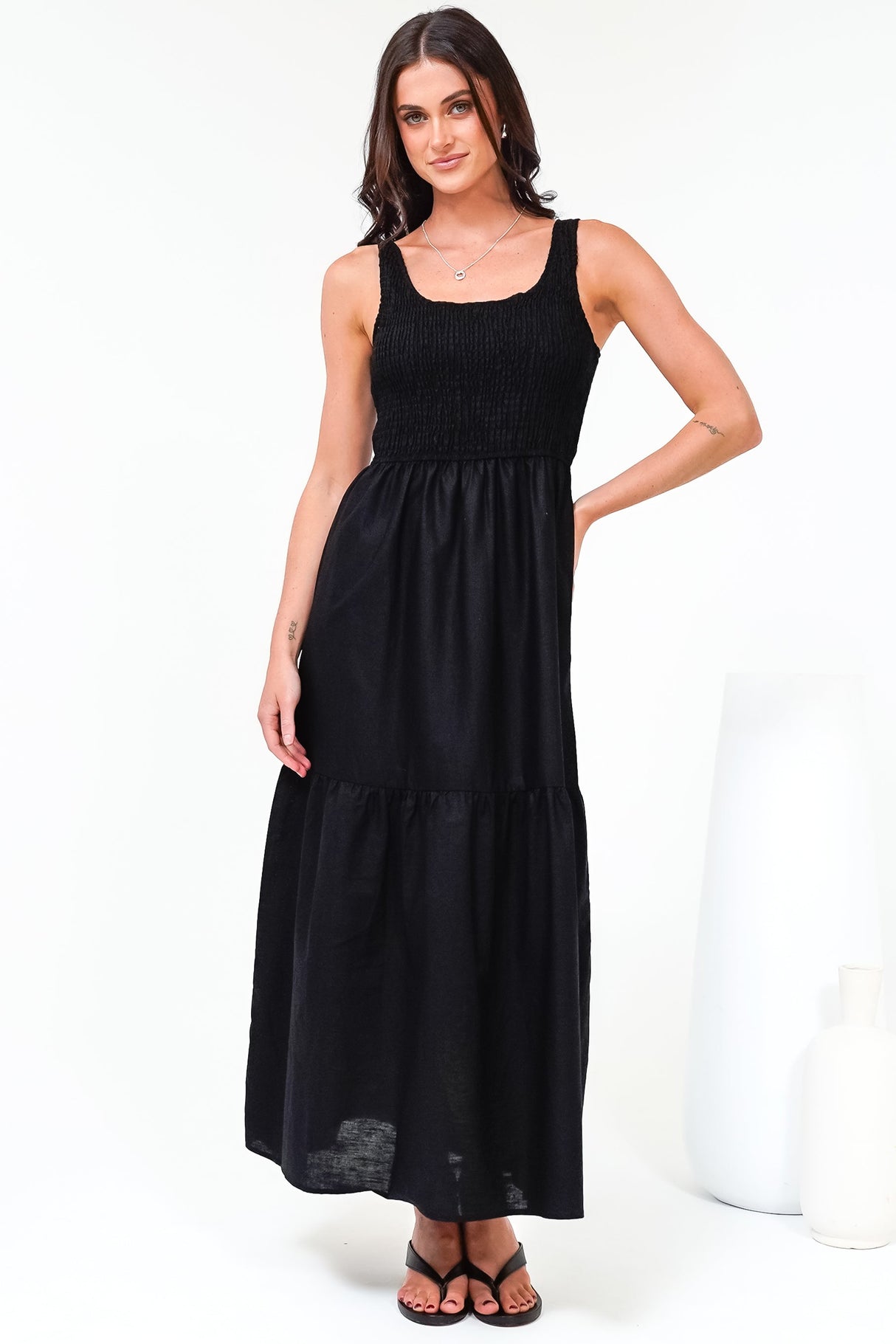 Sarlita Midi Dress - Shirred Bodice Sleeveless Tiered Dress with Pockets in Black