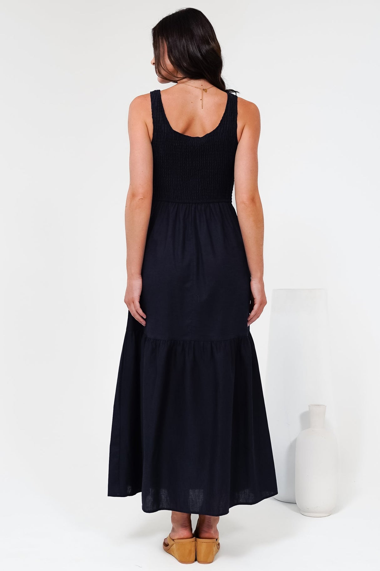 Sarlita Midi Dress - Shirred Bodice Sleeveless Tiered Dress with Pockets in Navy