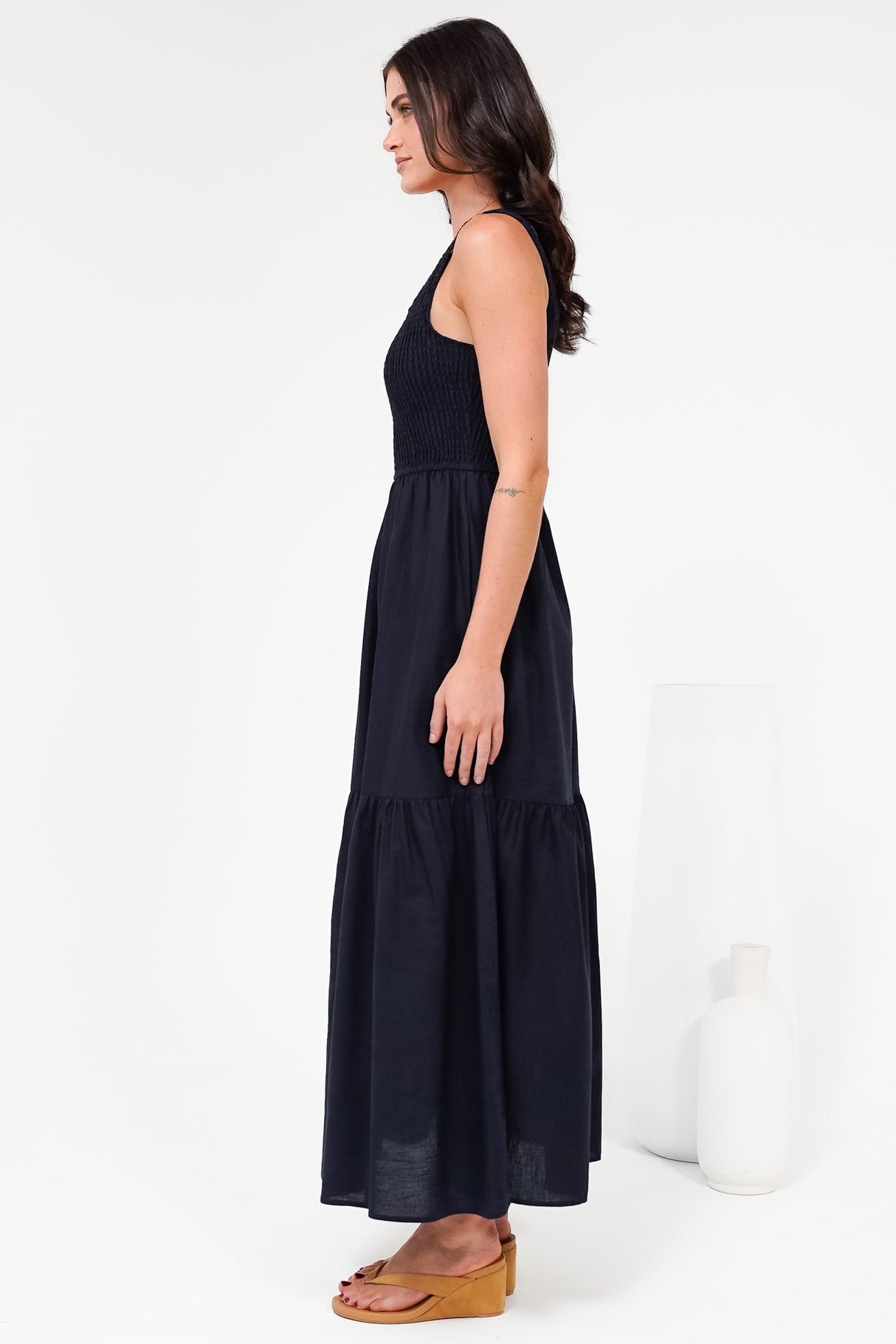 Sarlita Midi Dress - Shirred Bodice Sleeveless Tiered Dress with Pockets in Navy