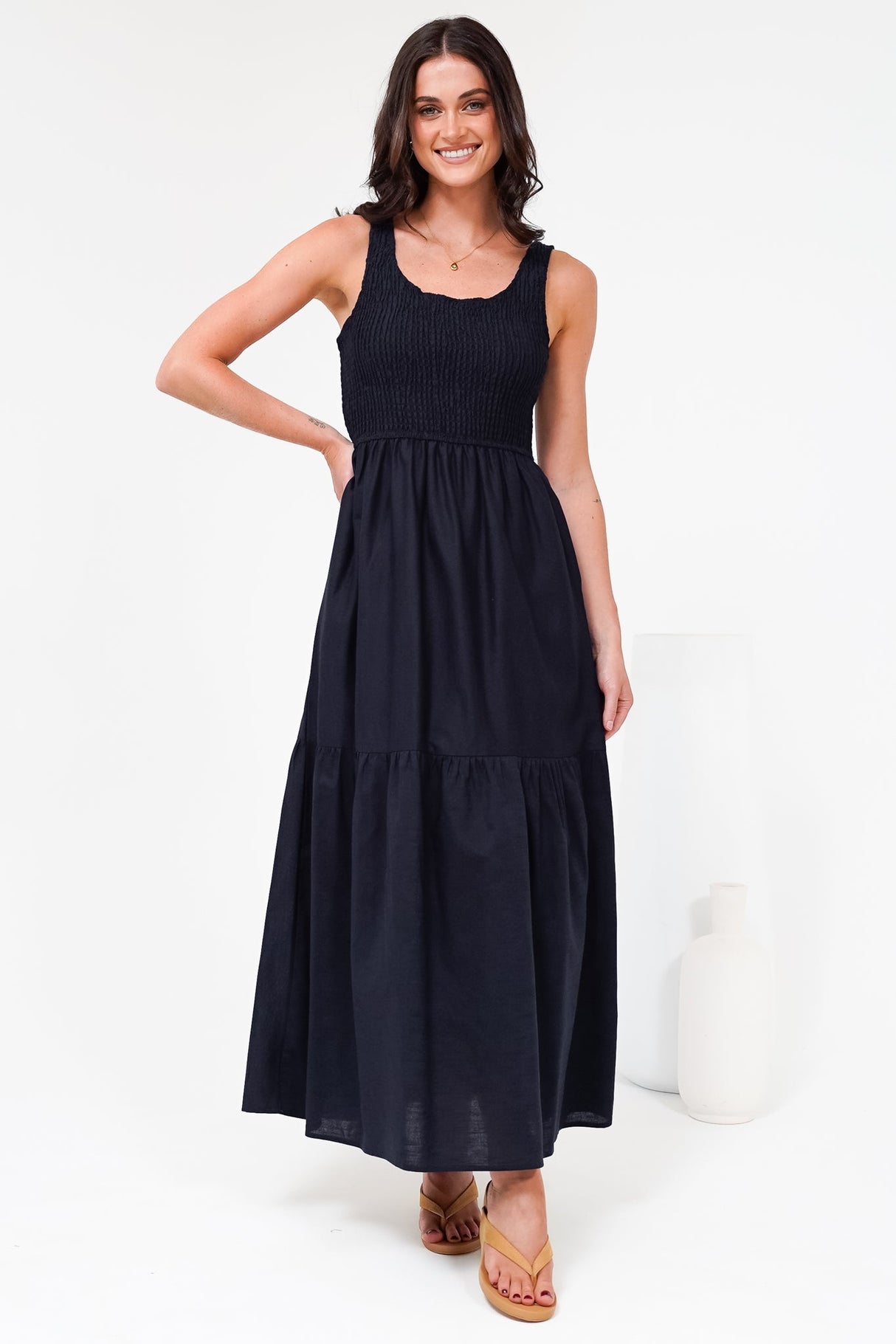 Sarlita Midi Dress - Shirred Bodice Sleeveless Tiered Dress with Pockets in Navy